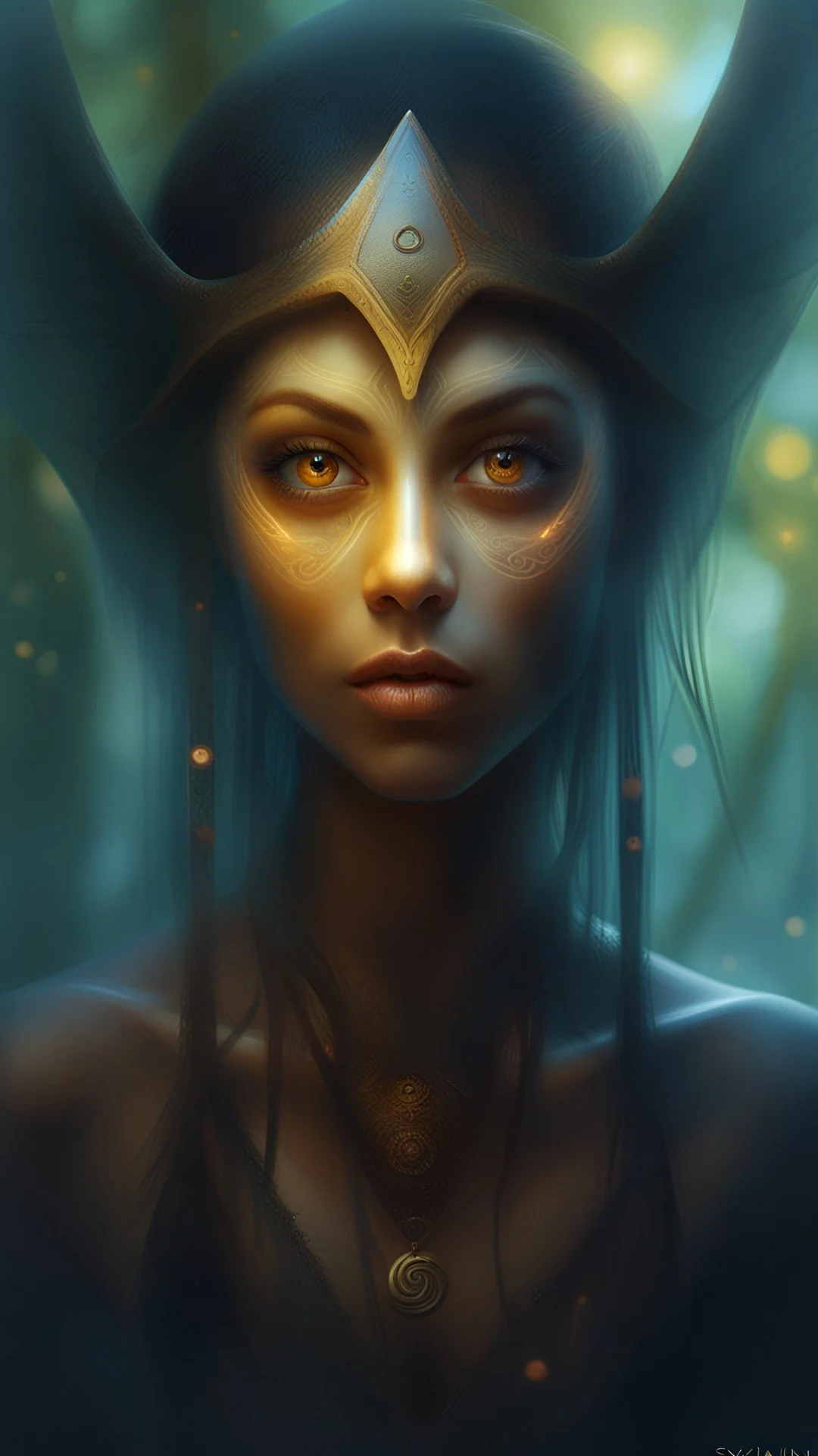 A blue-toned fae with a third illuminated eye and shifting expression, emerging from twilight.