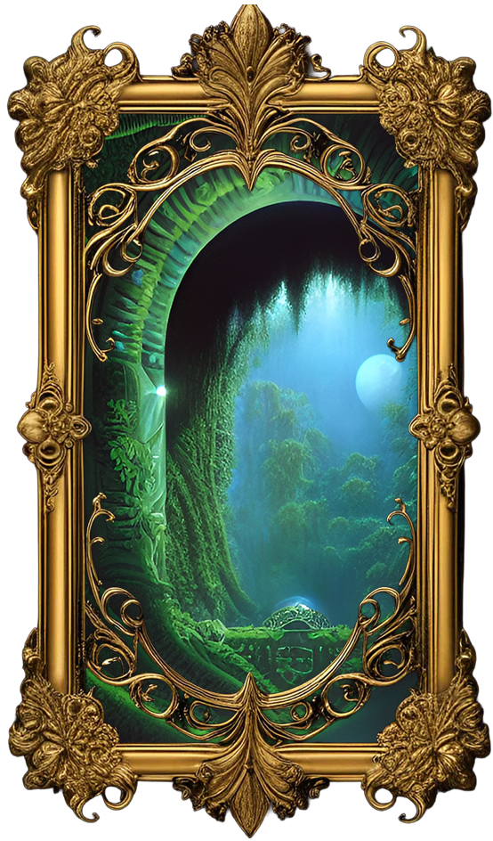 Iridescent Old English text reading ‘Time Bends Here’ floats in ethereal darkness, the letters slowly twisting and breathing with shifting colors like a living whisper caught inside a dream