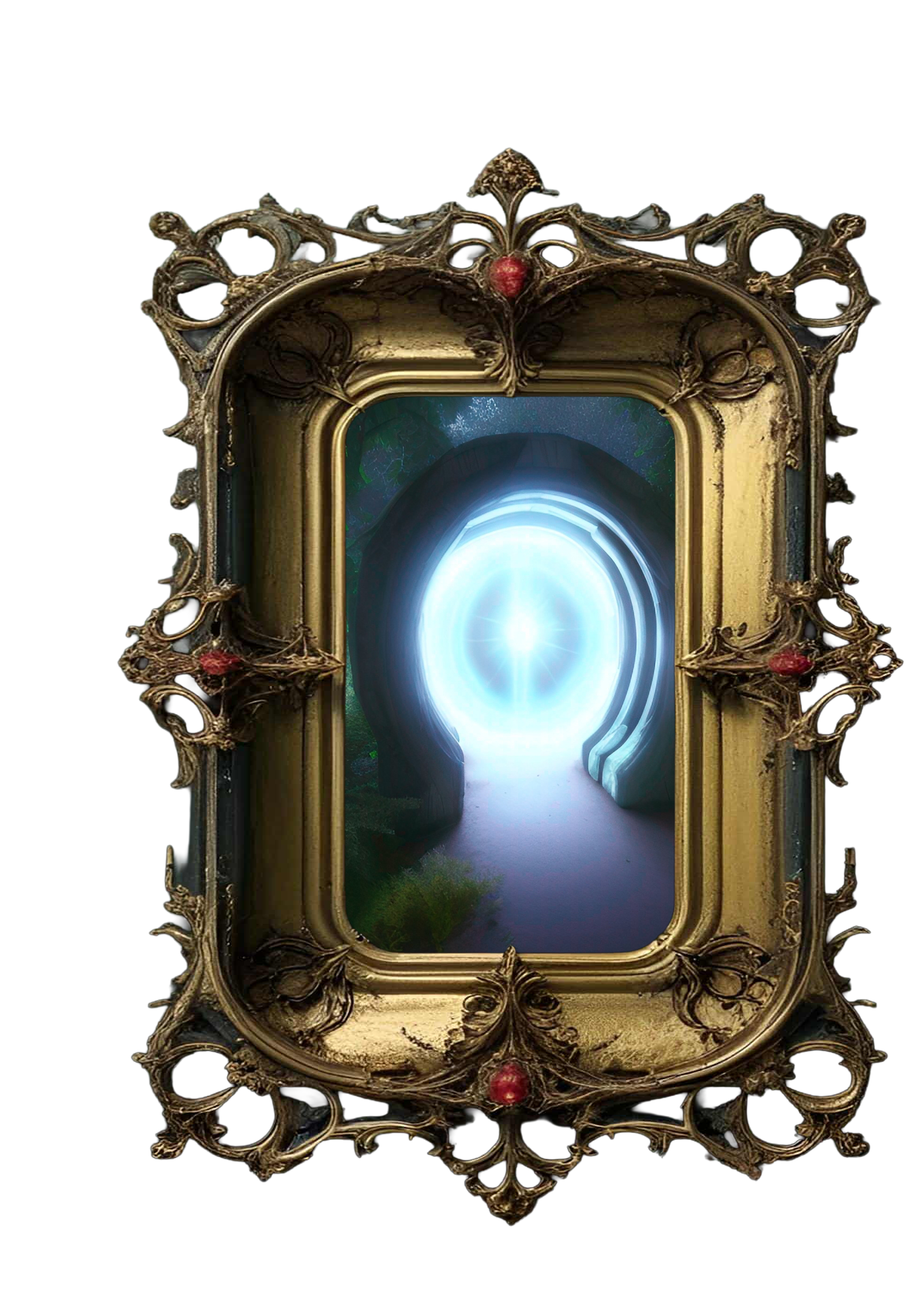A spectral blue portal like a humming void, framed in ornate gold.