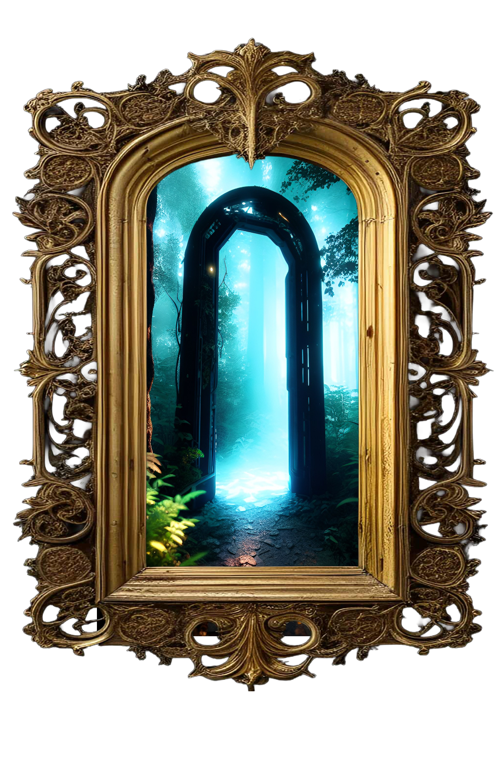 “A warped mirror-like portal glows with shifting iridescent light, where reality itself seems to flicker and twist between dream and reflection.”