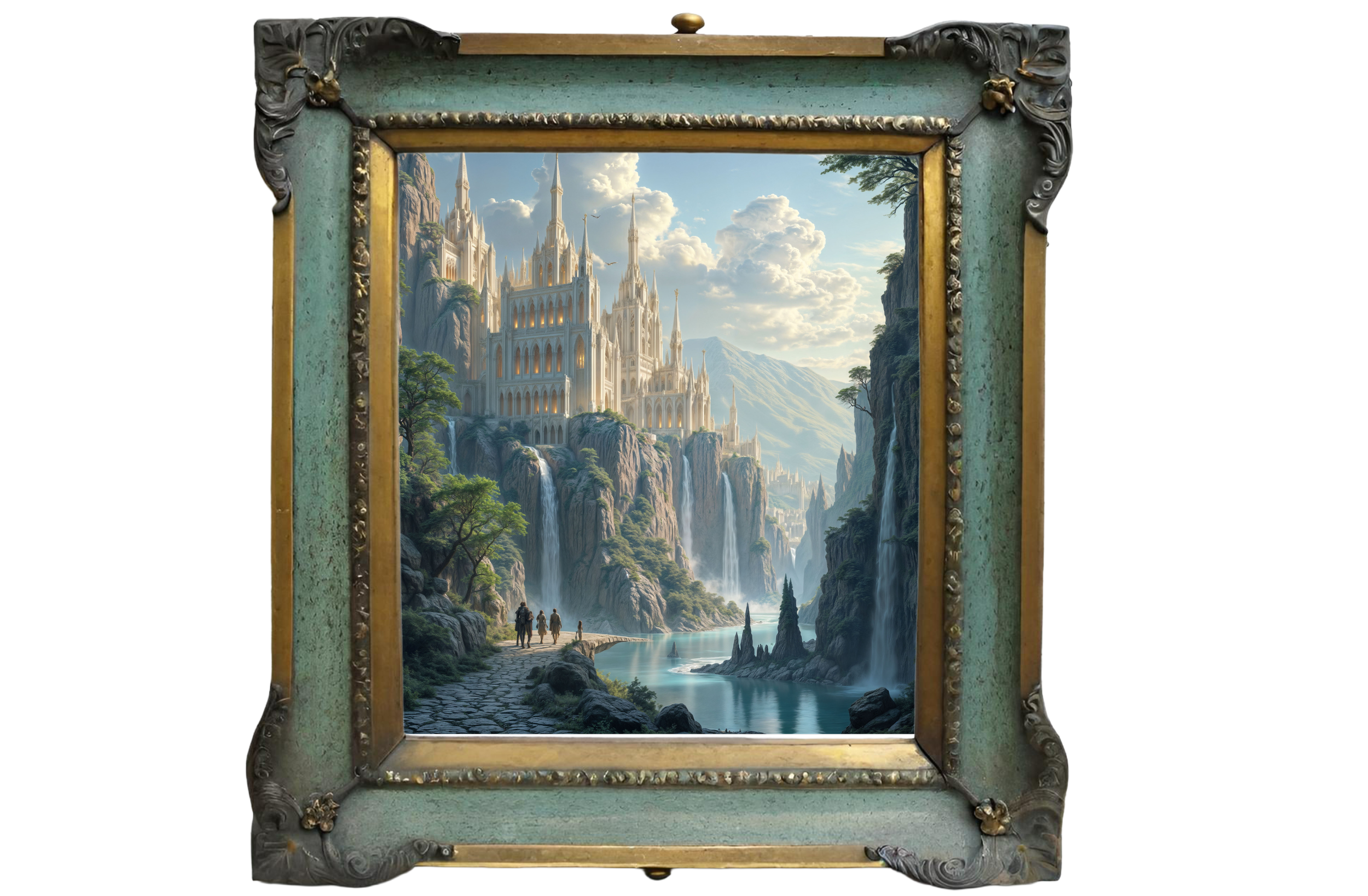 “The Eastern Verge — ornate framed portal revealing a turbulent sea and distant cliffs.”