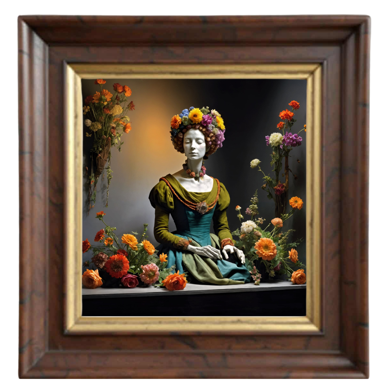 A warm botanical portrait where layered petals hold rich, glowing colors in a soft bokeh garden.