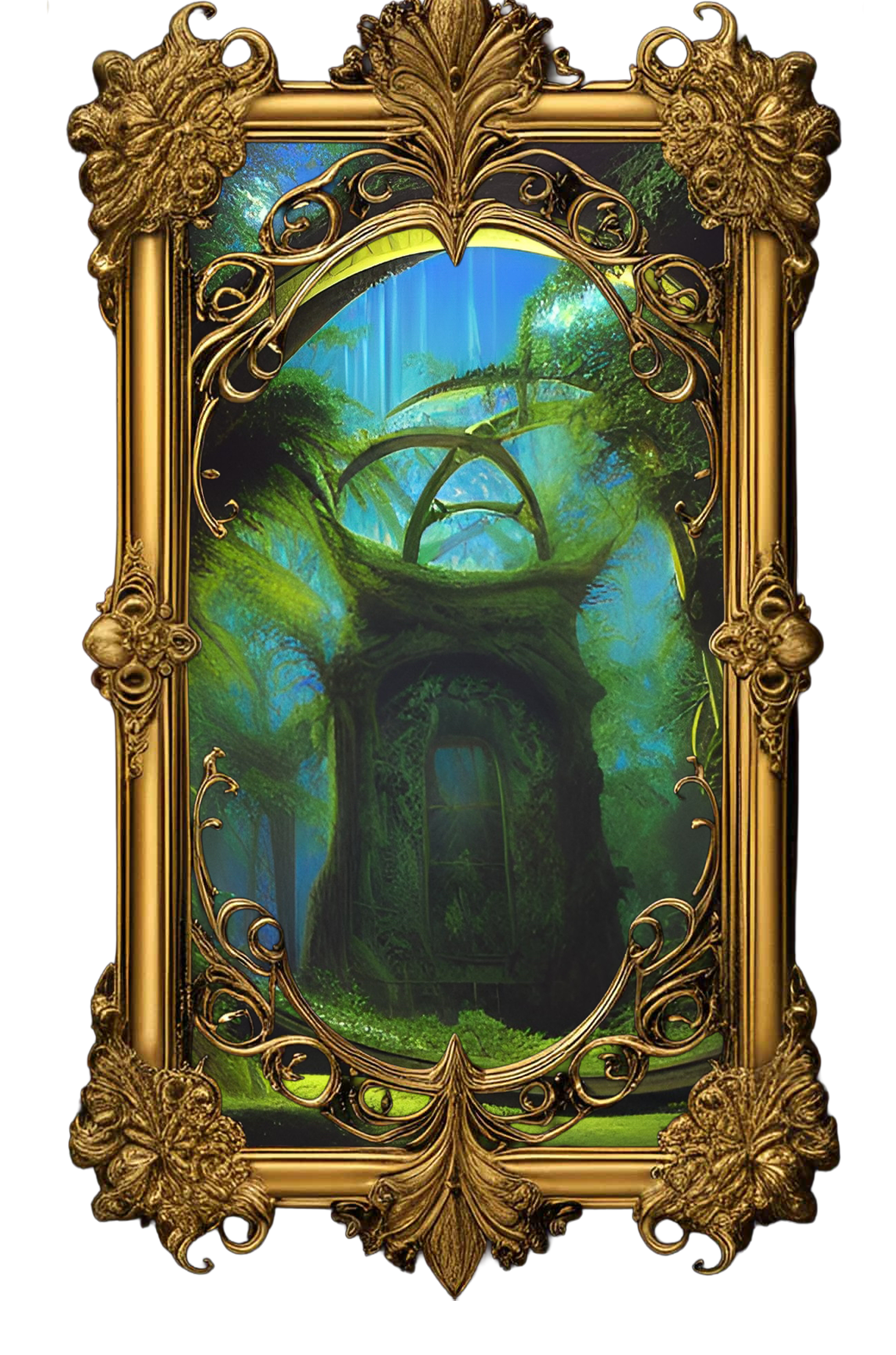 A green portal reflecting fractured glass and memory as if remembering itself.