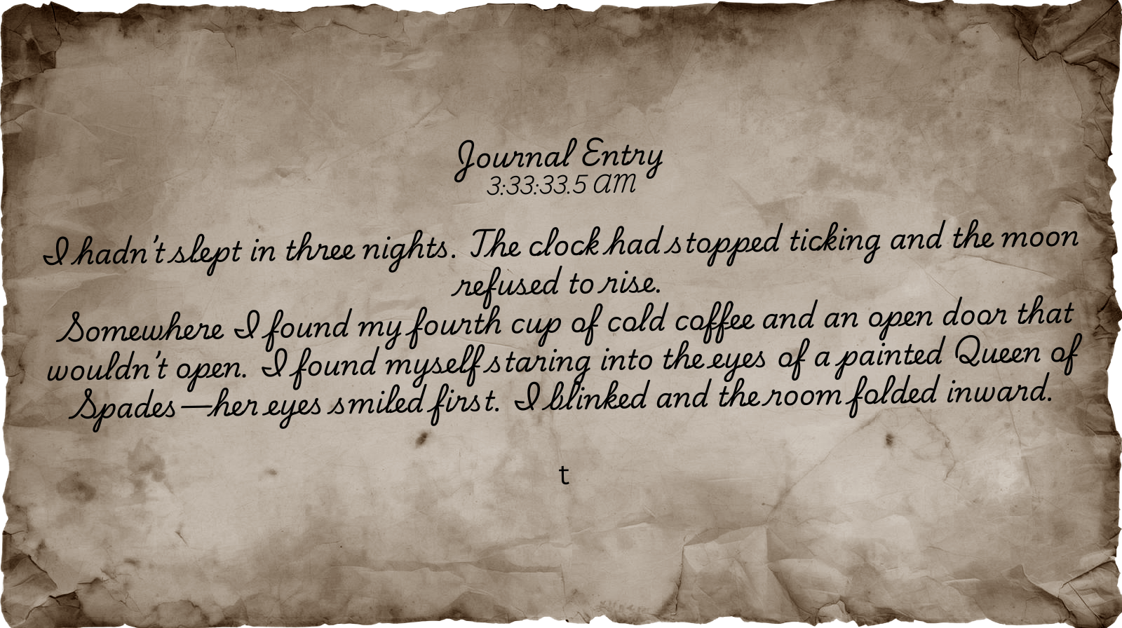 Parchment journal entry titled “3:33:33 a.m.” written in Gothic ink, describing sleepless nights and a haunting encounter with the Queen of Spades beneath a fading moon.