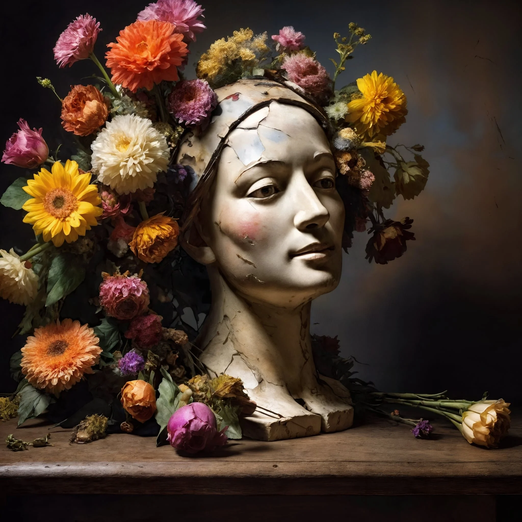 Floral portrait of a quiet dreamer surrounded by autumn blossoms — the showstopper image representing my insomniac nights and the beginning of The Art of Artificial Art.
