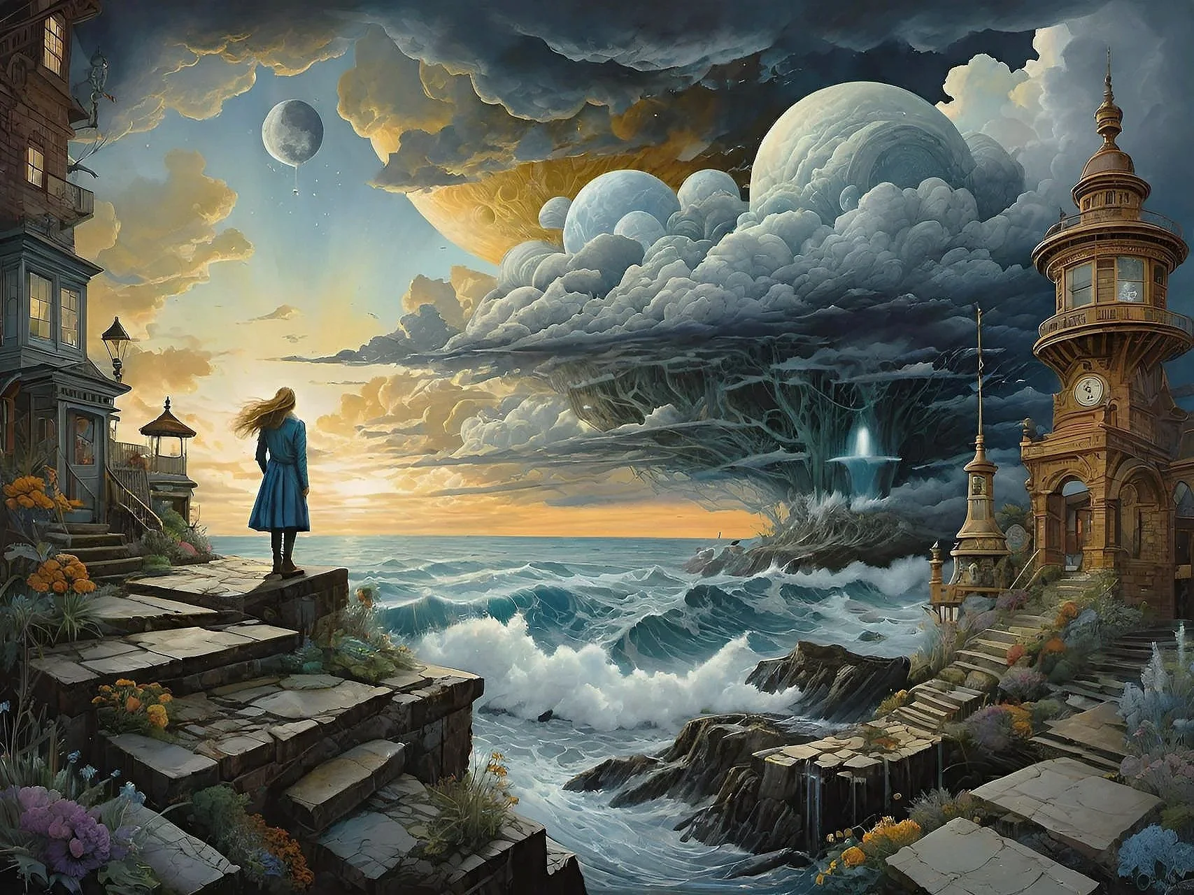 A dramatic coastal scene seen through the lens of insomnia—waves crash like restless thoughts, a lighthouse blinks in slow Morse, and the sky bleeds dusk into dawn. The viewer becomes a witness to sleeplessness, suspended between memory and myth.