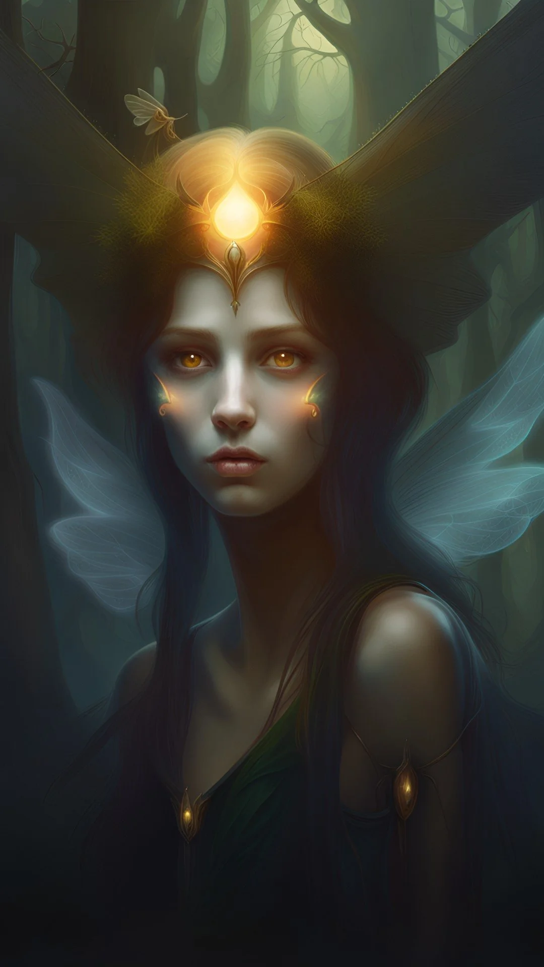 The glowing matriarch of the Moonlight Bruises family, crowned in forest light with a soft ember halo.
