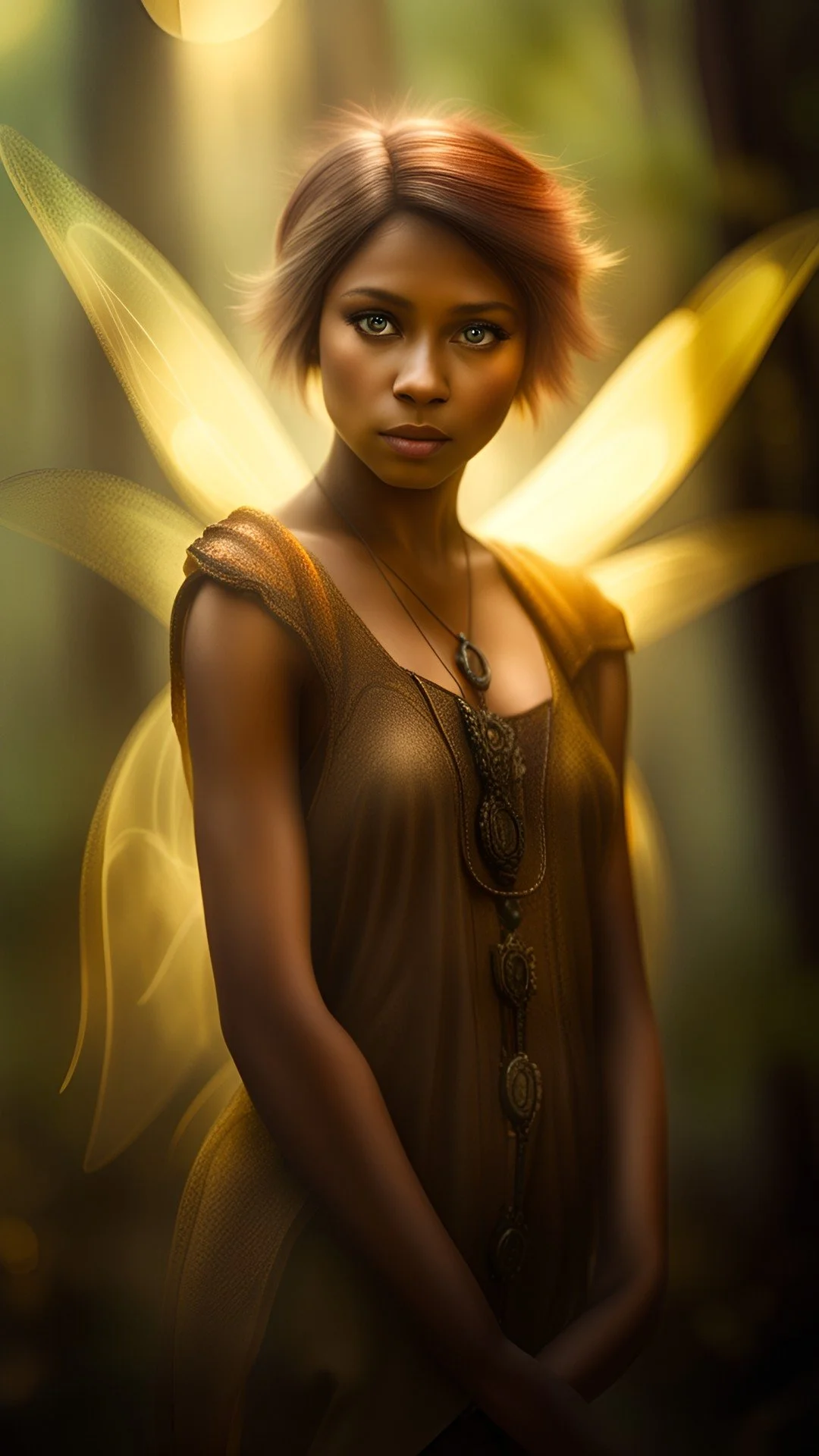 A golden-lit fae standing in the moss-soft woods, watching with calm steady eyes as if answering the call of an insomniac wanderer.”