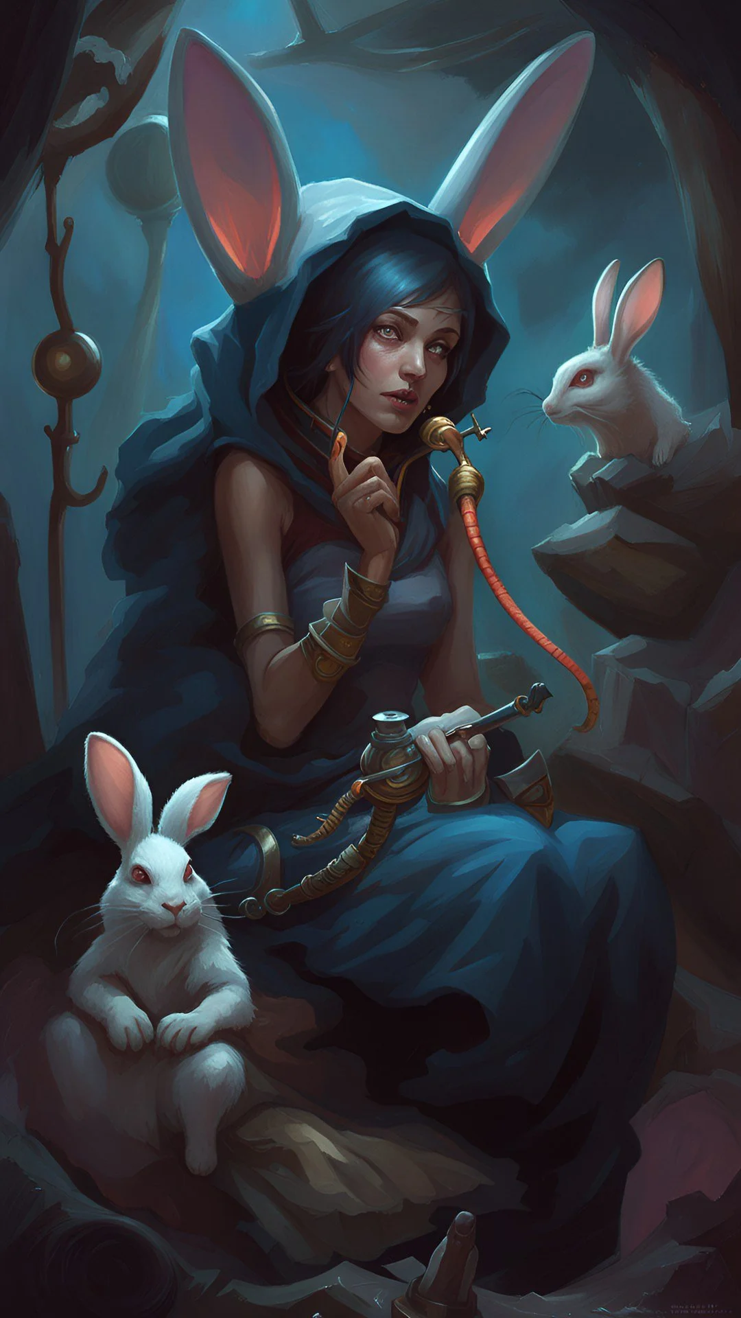 A surreal, fantasy-infused portrait of a rabbit-eared figure reclining in a twilight dreamscape. Her long dark hair spills like ink across a soft blue surface, surrounded by a constellation of white rabbits.