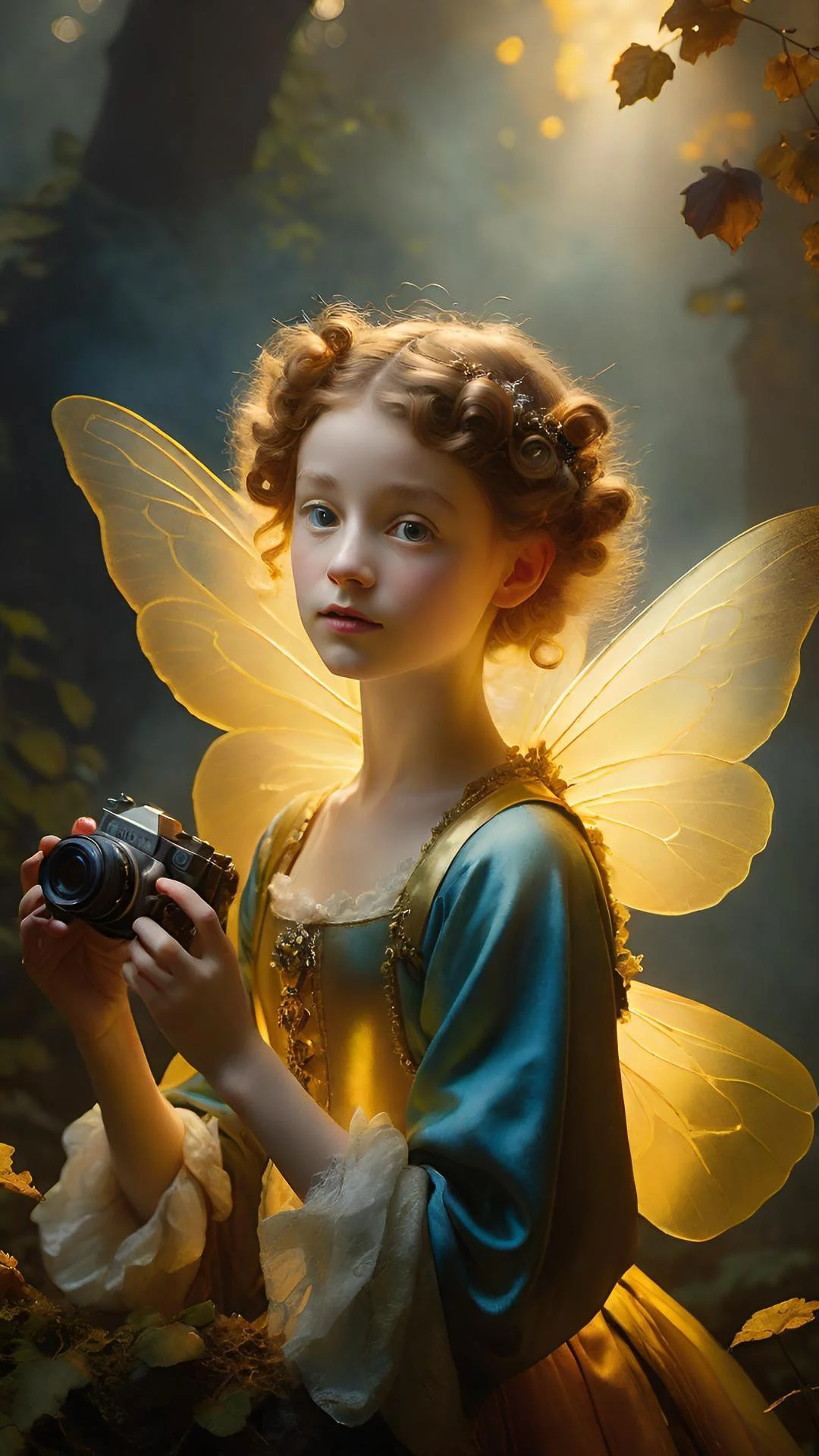 A golden-winged fae pauses beneath the forest light, camera poised as if studying me as much as I study her — a moment of mirrored curiosity.”