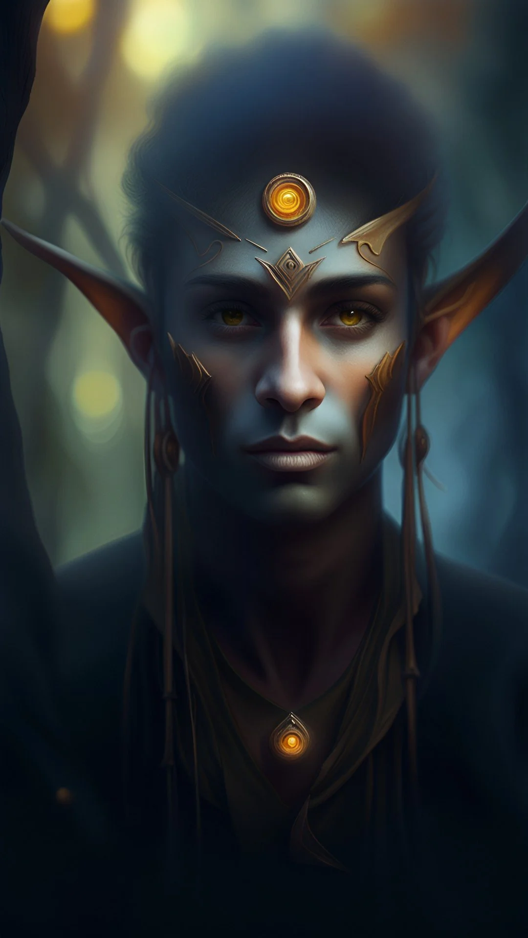 A fae emerging through soft moss-colored shadows, hands folded around an ember-bright glow.