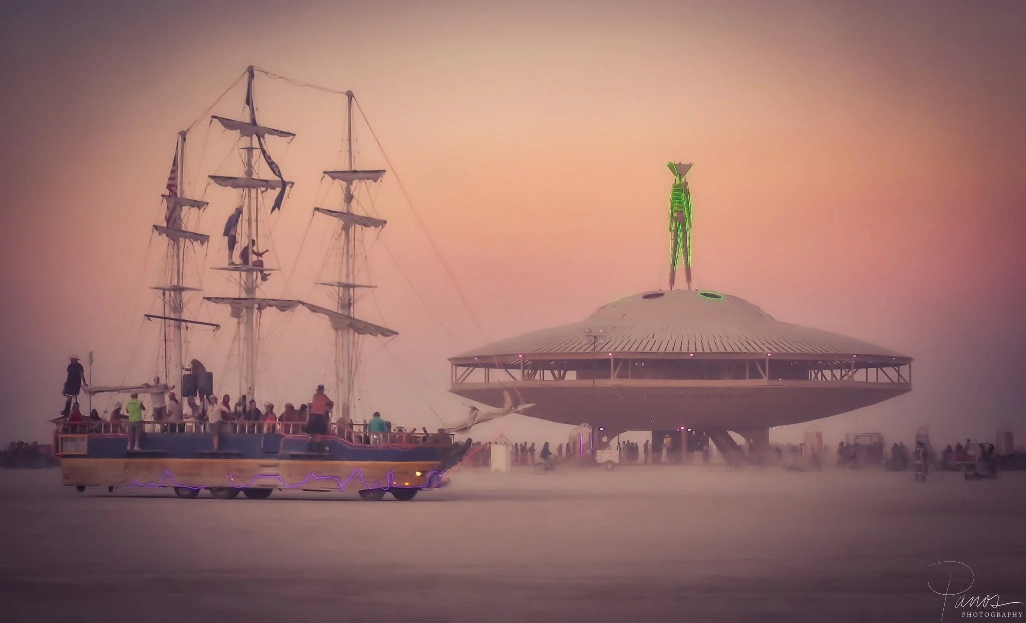 Wooden sailing ship Mutant Vehicle travels across the playa at Burning Man 2013