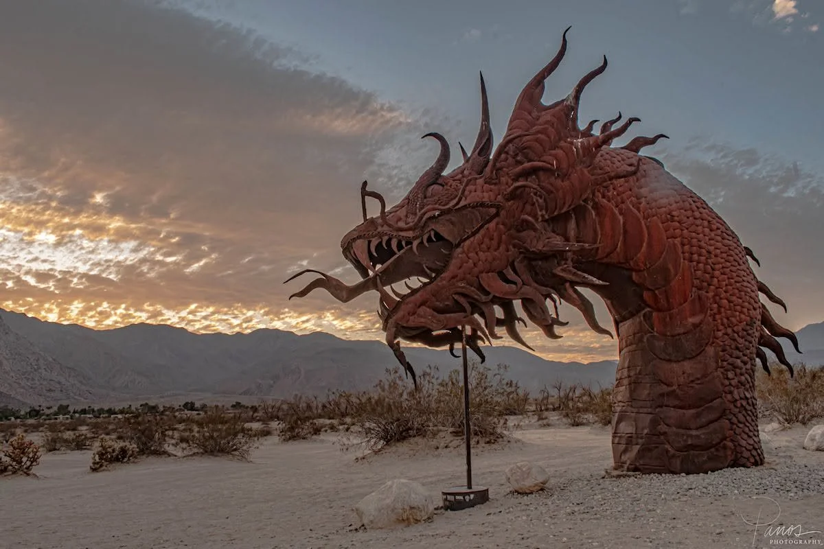 Large metal dragon sculpture rising from the desert at Anza-Borrego in Southern California.