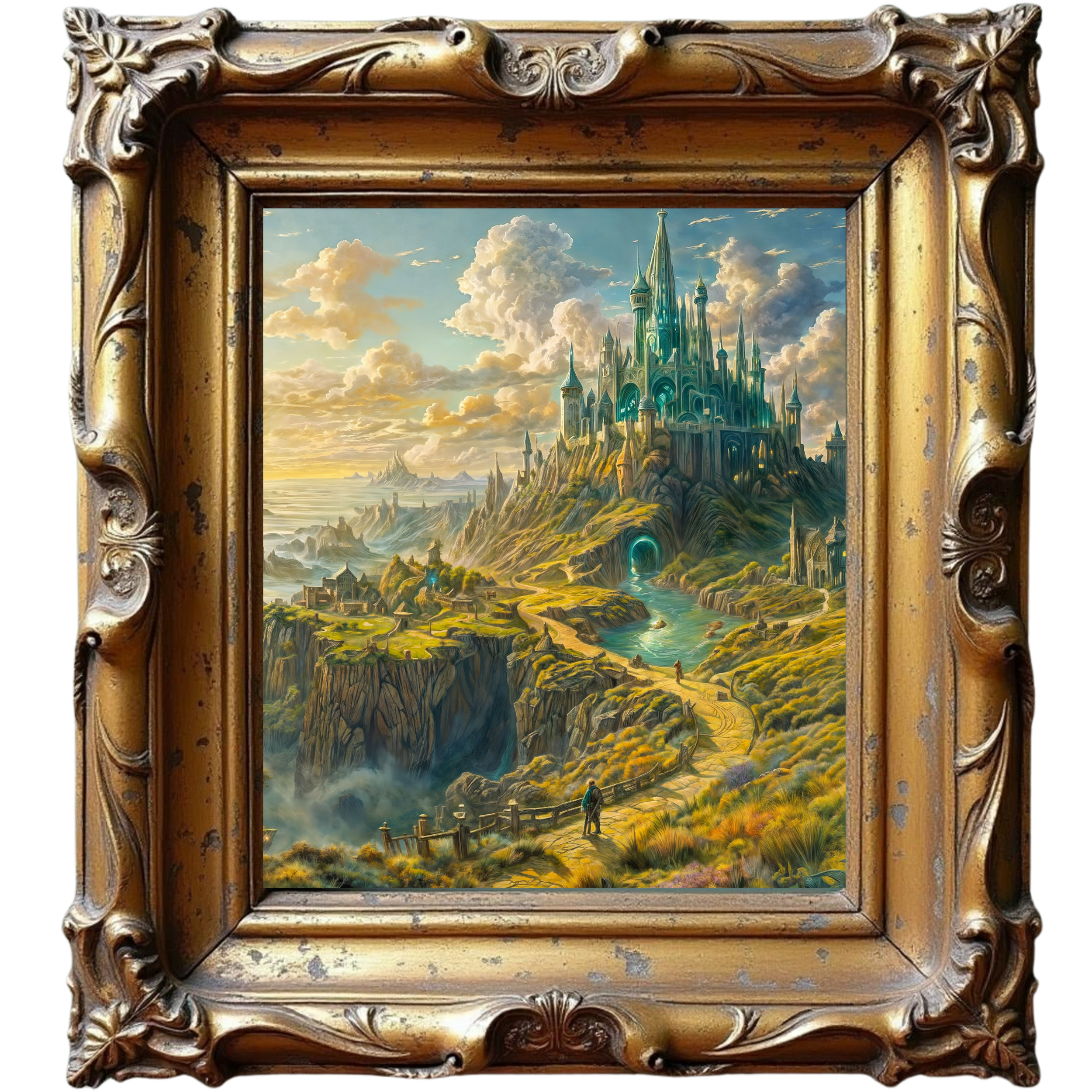 Goldenfen Territories — ornate framed portal revealing a golden valley and distant green spires.