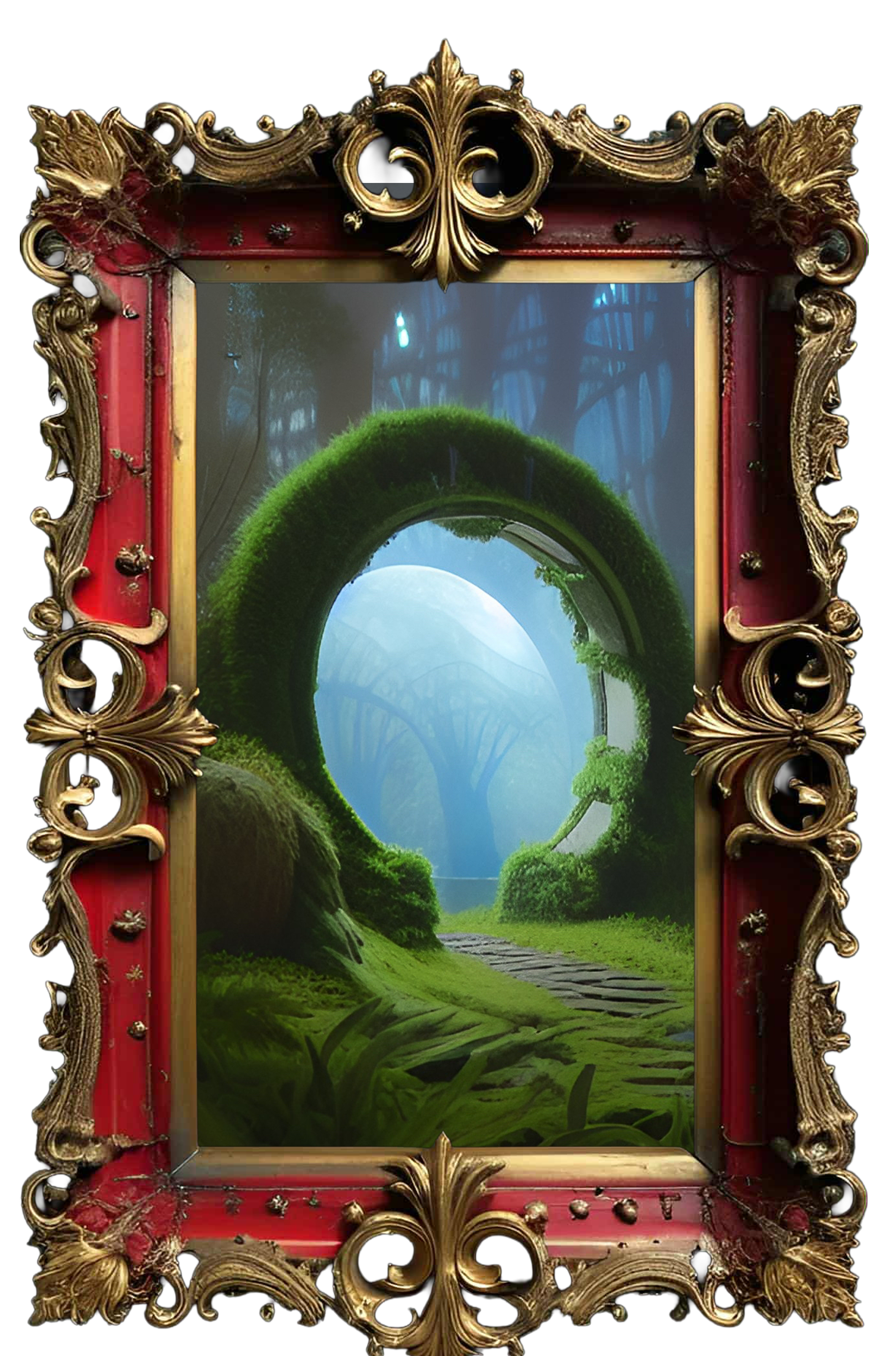 A glowing forest seen through a shifting oval window where reality flickers.