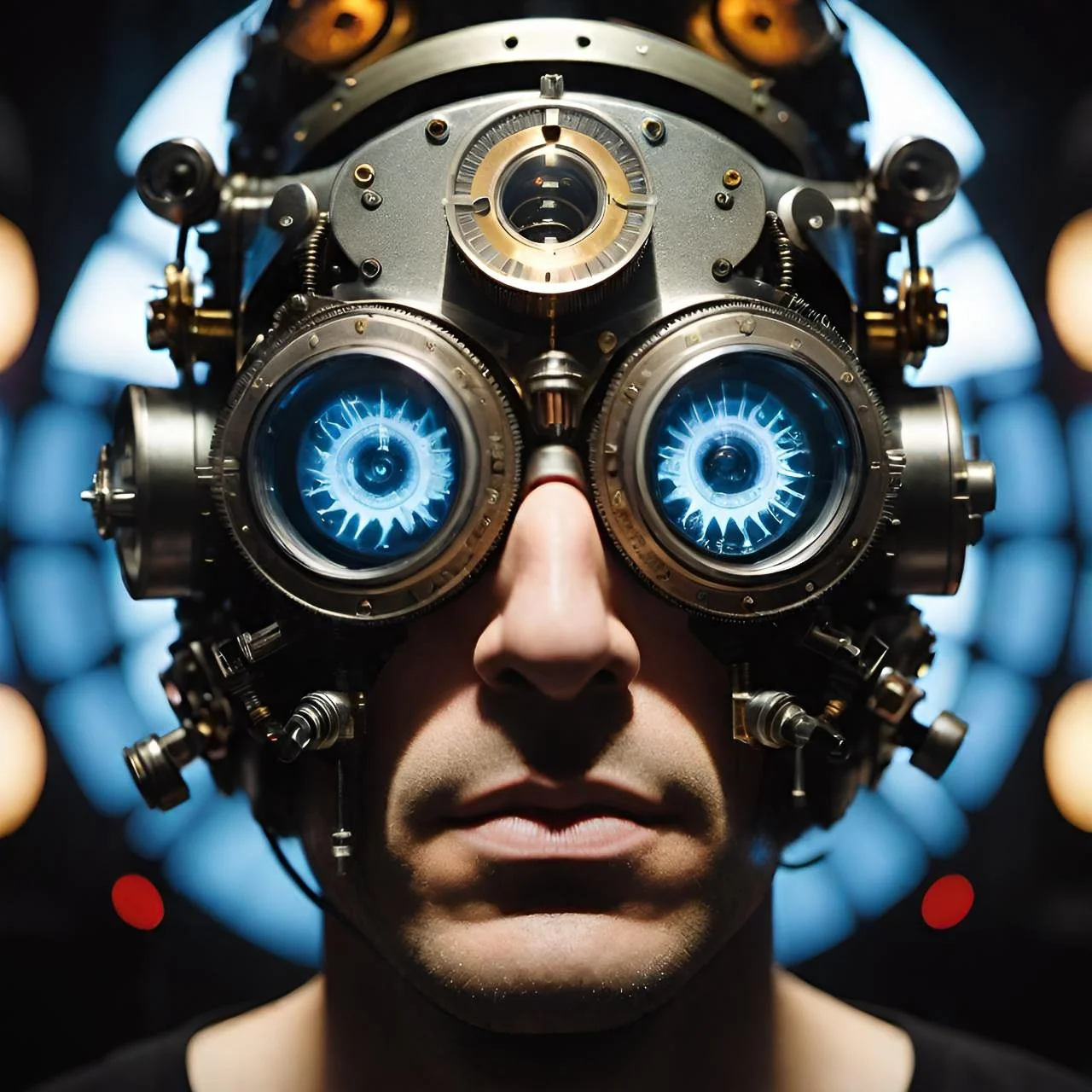 A surreal digital portrait of a person wearing elaborate, glowing headgear with mechanical lenses and gears. The blue light from the eyes and circular background evoke themes of technological prophecy, sleepless insight, and cyber-mythic vision.