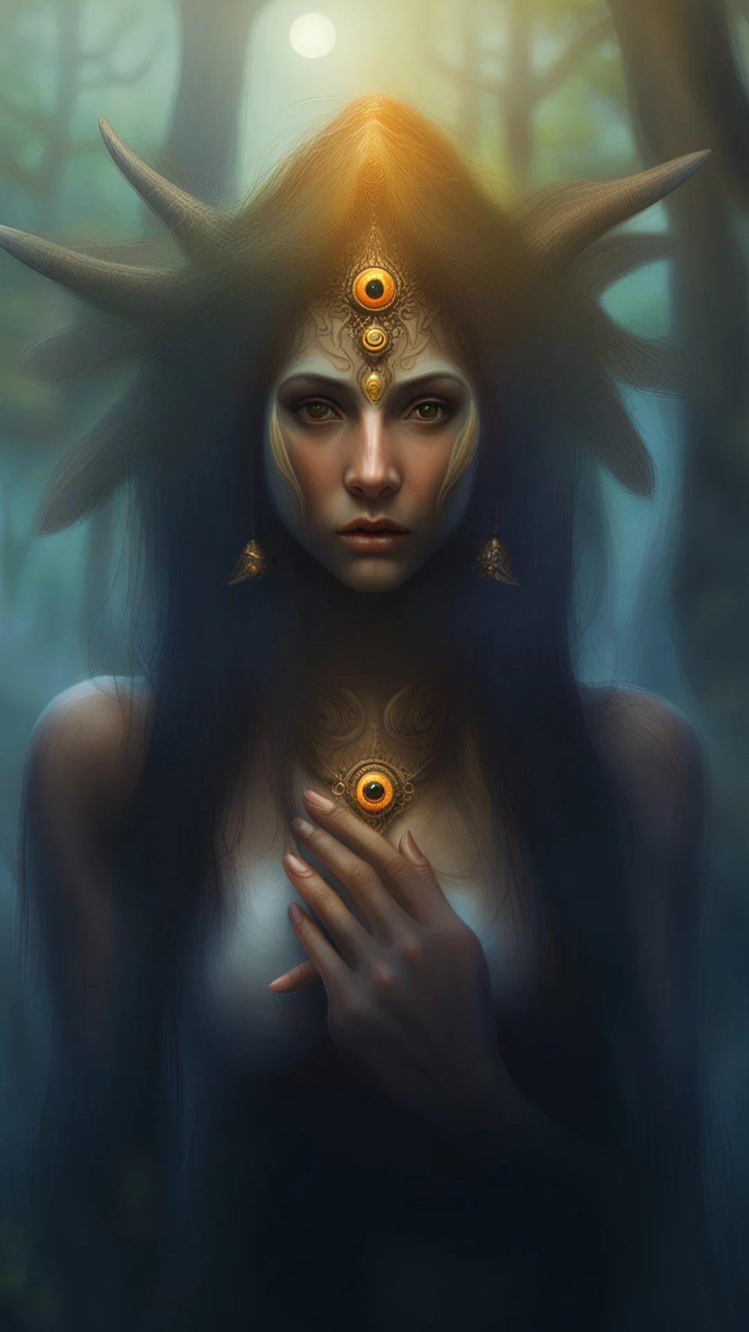A fae with a diamond-shaped sigil on her brow, lit by deep teal and gold tones.