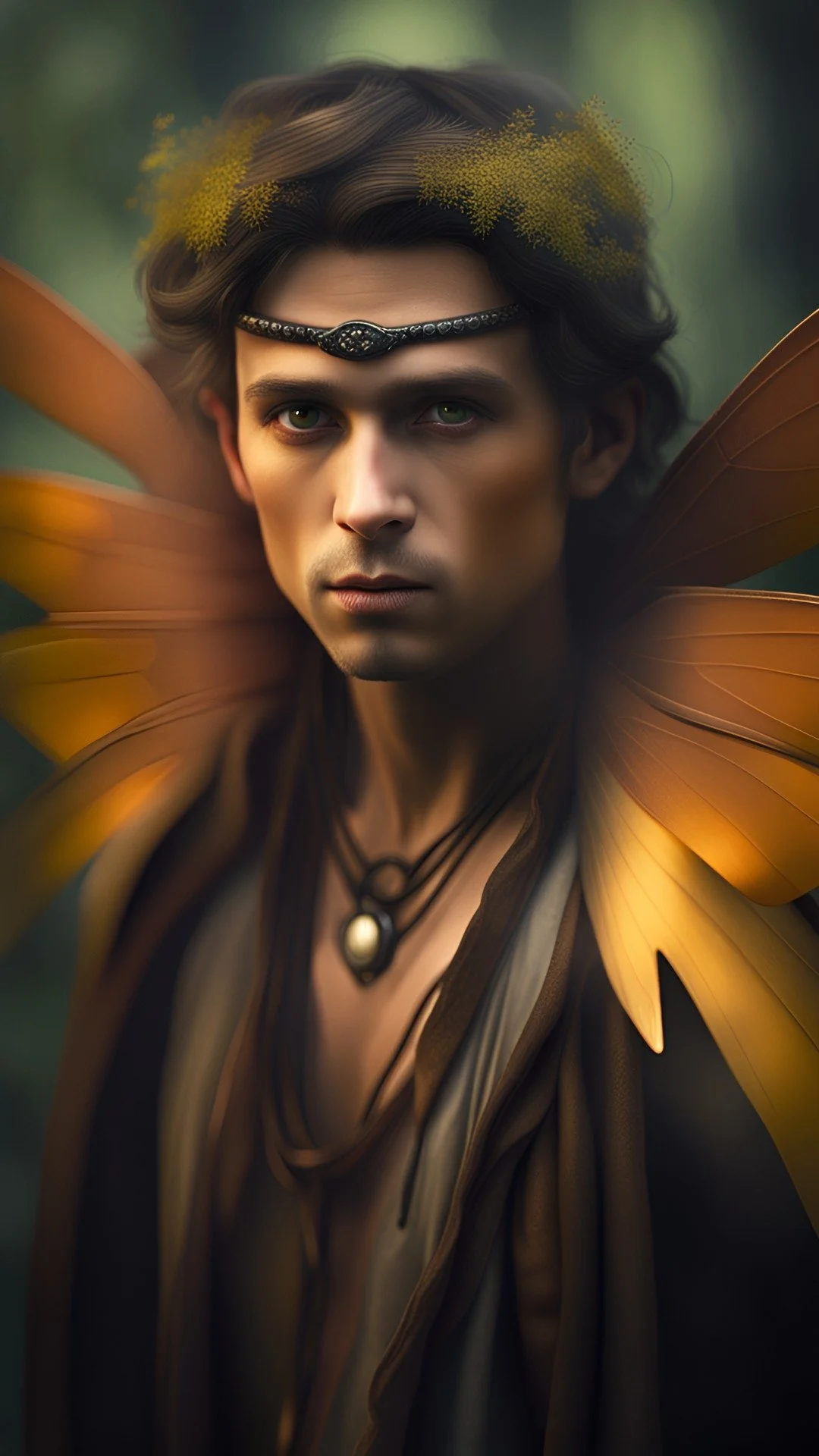 An amber-winged fae emerging from the woodland glow, his presence quiet and purposeful as though guiding the visitor deeper into the realm