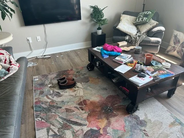 Living room with a television, gray sofas, a floral area rug, a dark wood coffee table cluttered with magazines, remote controls, and miscellaneous items, and a lamp in the corner. There are some shoes on the rug, and a potted plant next to the sofa.