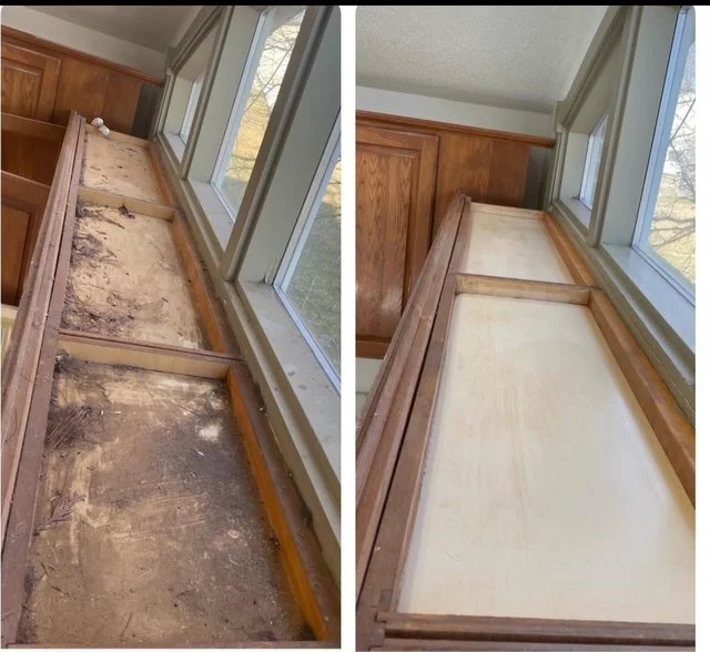 Comparison of window sill area before and after refinishing; left side shows aged, damaged wood, right side shows freshly sanded and stained wood.