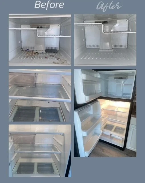 Side-by-side before and after images of an empty refrigerator cleaned and organized.
