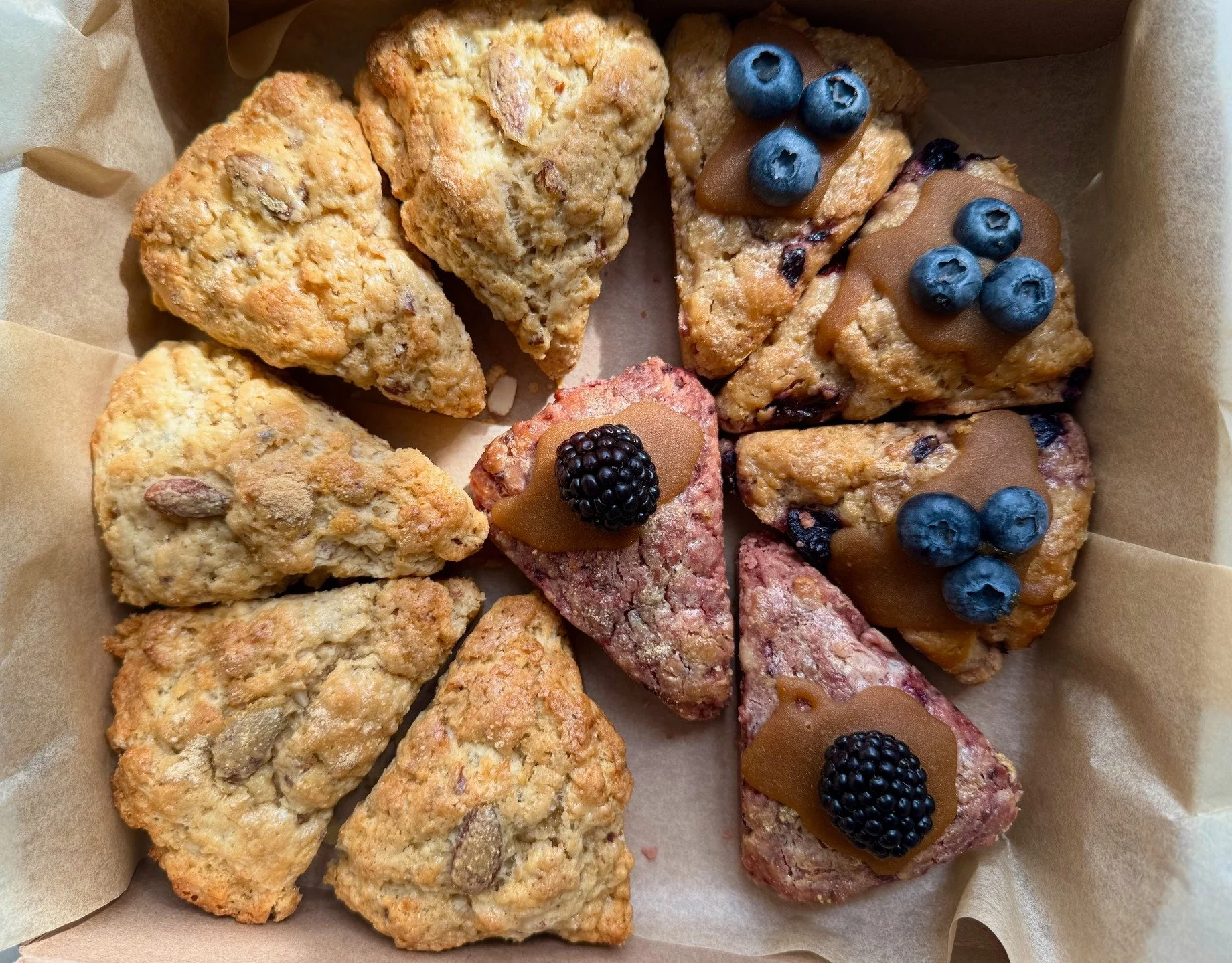 A recent weekly porch pick-up order for moon scones in three flavors &hellip; almond moon scones &hellip; blackberry lime moon scones &hellip;. and lemon blueberry moon scones

moon bakery Weekly Ordering
Ordering Details: 
* Head to https://www.moon