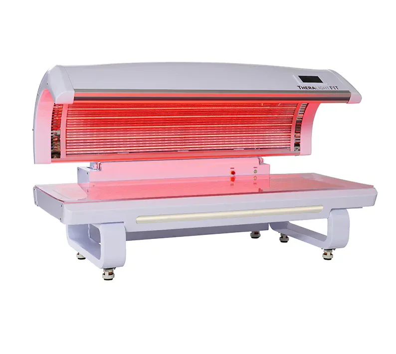 Medical red light therapy bed device with red light therapy lamps on a white stand.