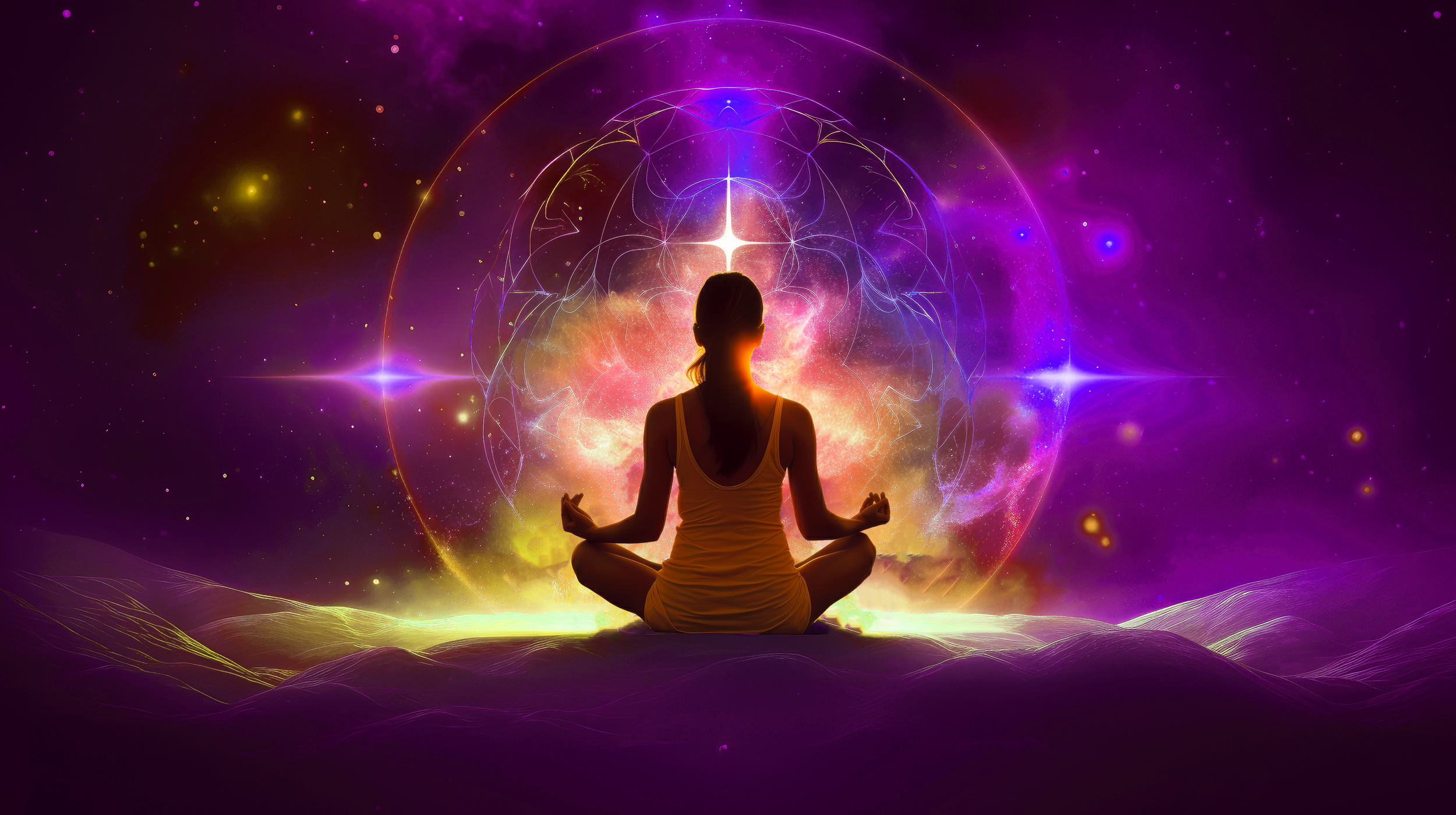 A woman meditating in front of a cosmic, space-inspired background with vibrant purple, pink, and yellow colourful light, and geometric patterns.