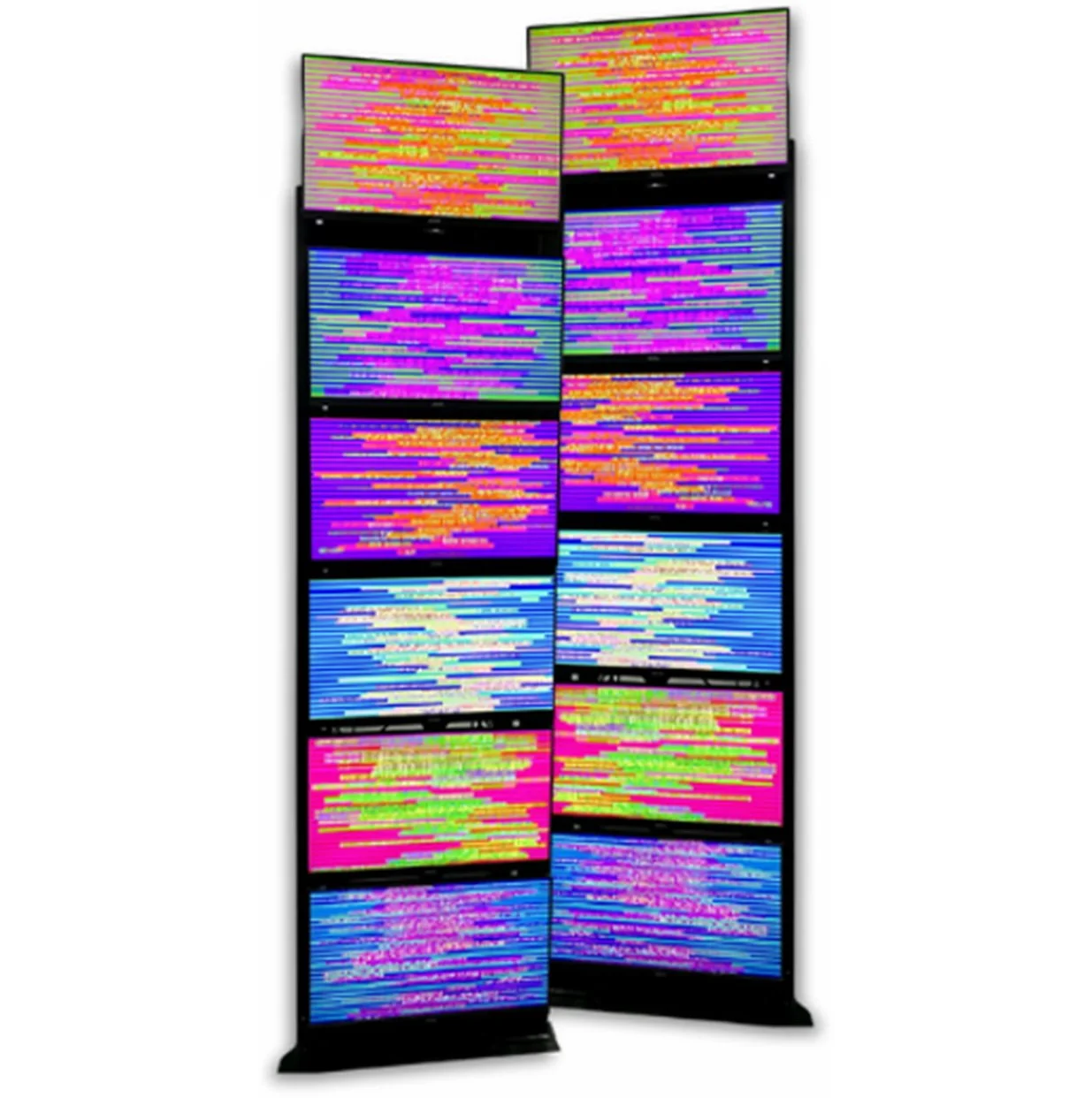Two large vertical digital screens displaying colourful, glitchy, distorted lines of various bright colours of data.