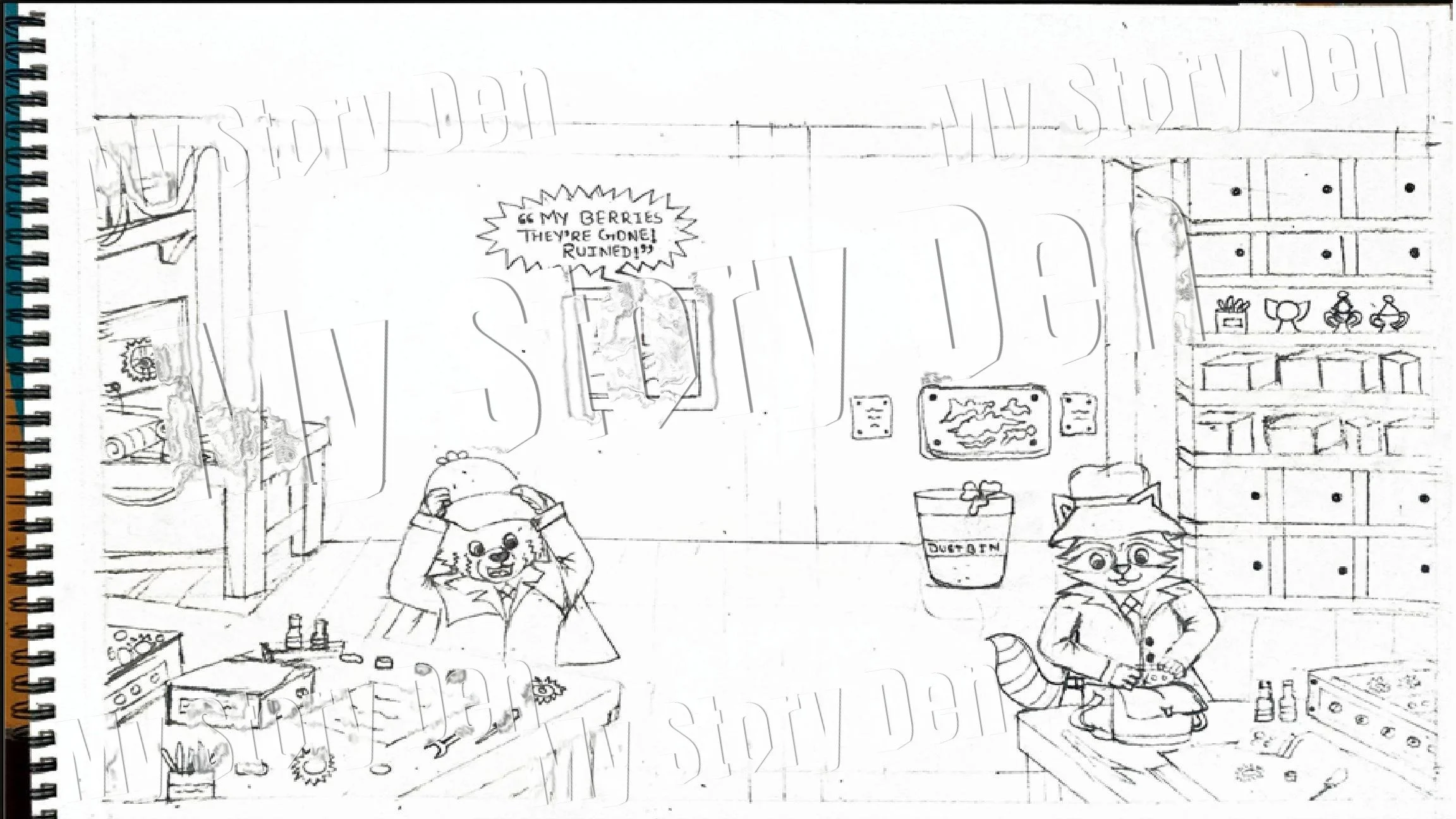 Sketch of a room with a racoon and red panda. A speech bubble saying, 'My berries! They're gone! Ruined!' is seen through the open window. The room contains tables full of gears and springs, there's a labeled 'DUST BIN,' and various furniture.