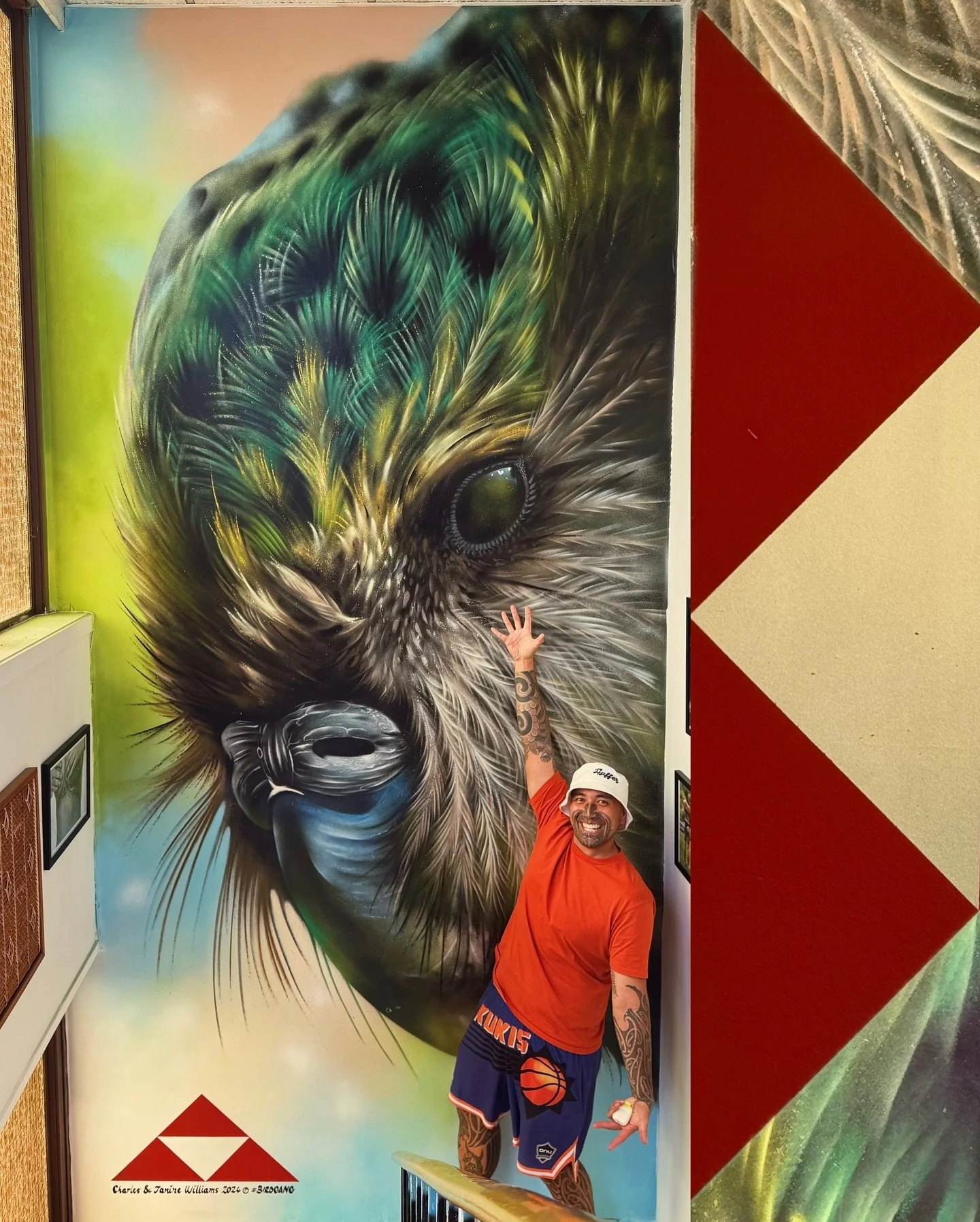 This was the first mural of now 3 we have had the privilege to grace our walls. Te Kākāpō is the notoriously cheeky manu so it was only fitting for this manu to be the one to greet our manuhiri first, as we are also a cheeky bunch ourselves. 💚

And 