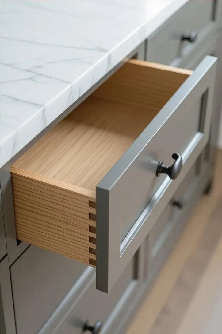 An open kitchen drawer showing a wooden utensil organizer inside a gray cabinet, topped with a white marble countertop.