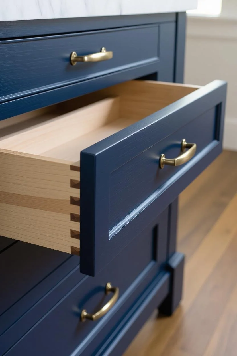 Open drawer of a navy blue kitchen cabinet with brass handles, showing the light wood interior and dovetail joints.