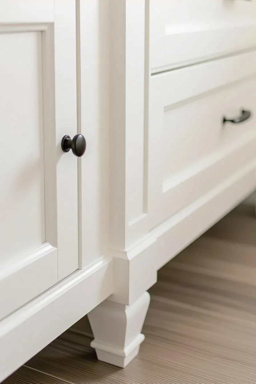 Close-up of a white cabinet with black knobs and a drawer on the right, sitting on a wooden floor.