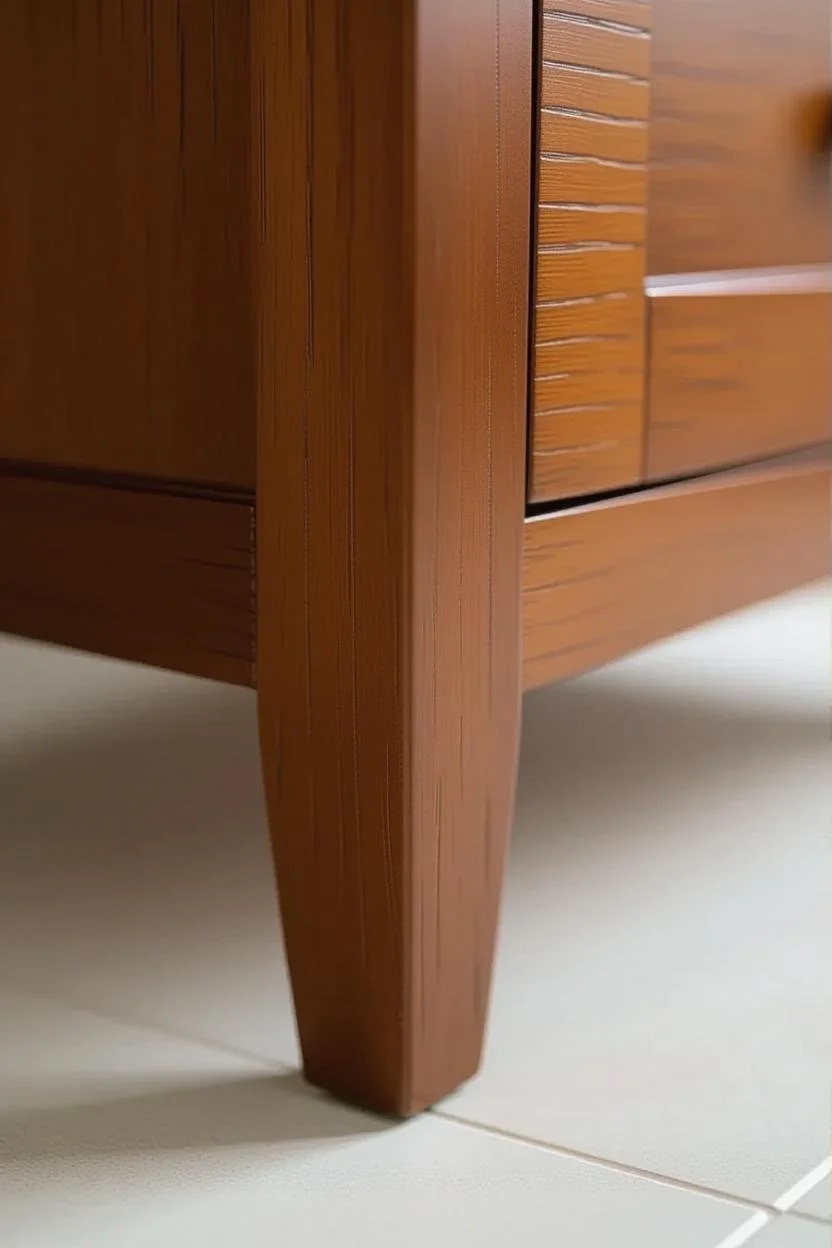 Close-up of a wooden indoor furniture leg with brown stain finish, resting on a tiled floor.