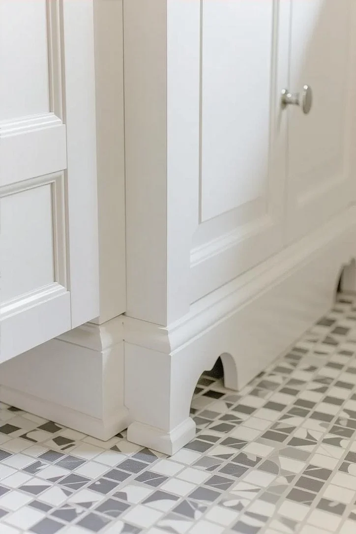 Close-up of a white kitchen cabinet with decorative molding and a tiled floor.