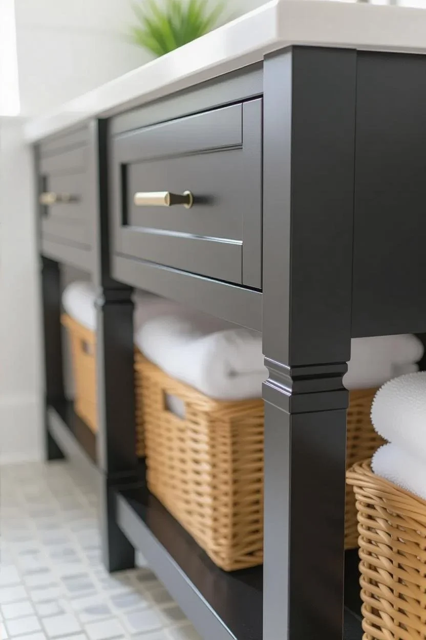 Close-up of a black bathroom vanity with gold handles, featuring woven baskets with rolled white towels underneath.