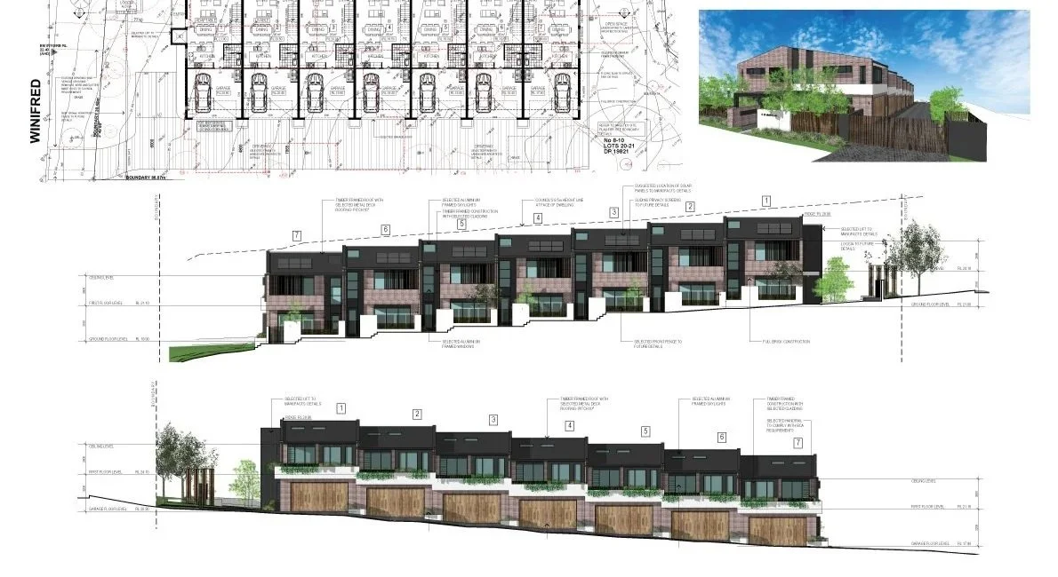 Architectural blueprint of a modern multi-story residential building with detailed elevation views, parking garages, and landscaping, alongside a 3D rendering of the building surrounded by trees and a blue sky.