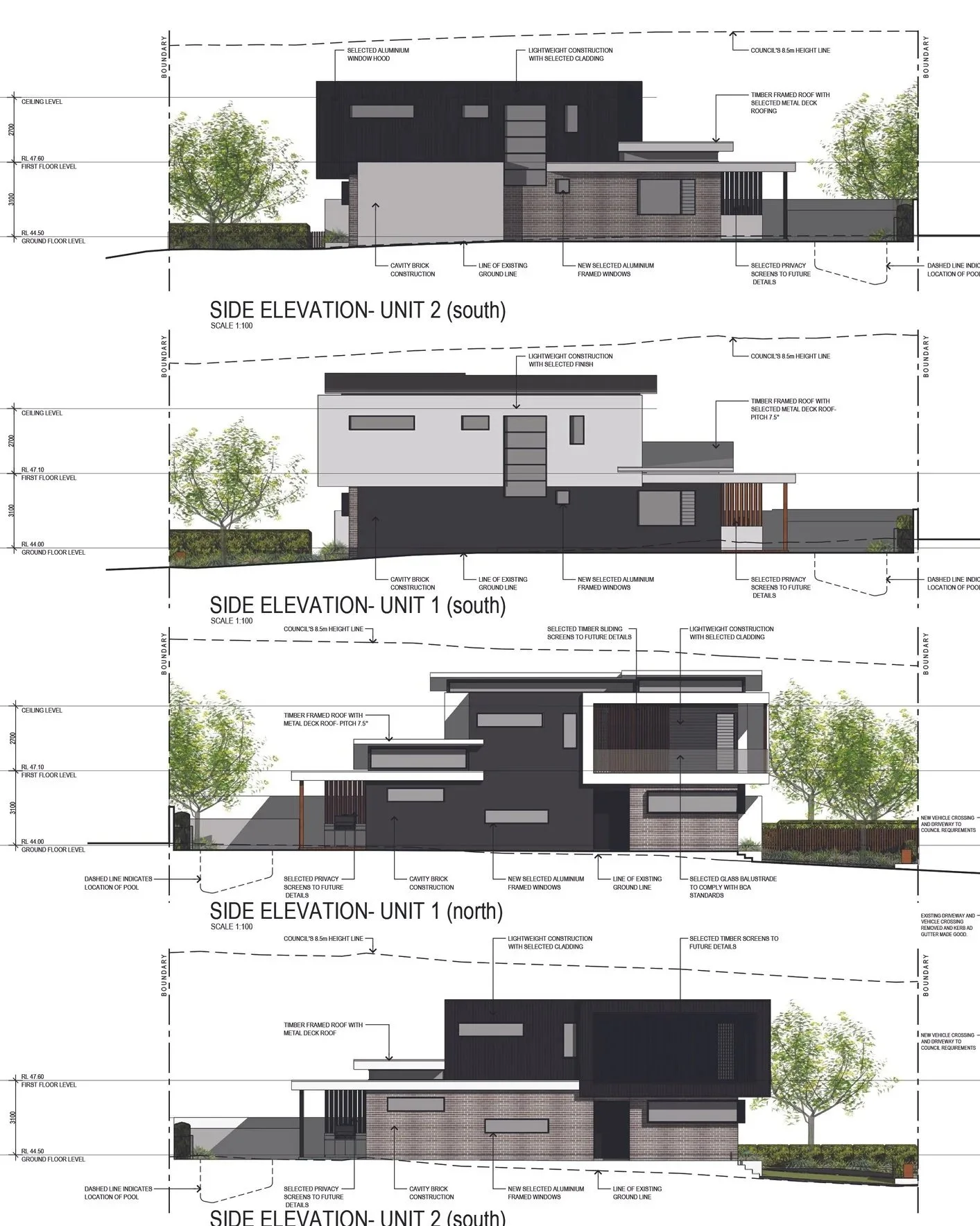 Architectural drawings showing side elevations of a modern residential building, including details and measurements of different units, windows, roof types, trees, and boundary lines.
