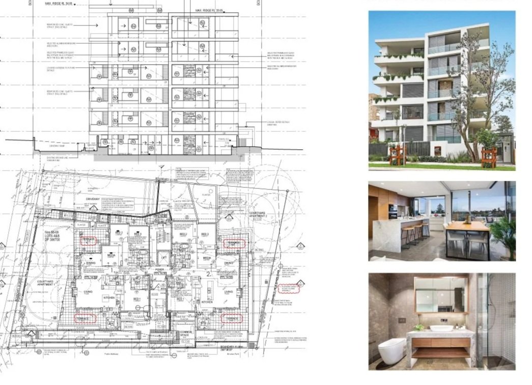 Blueprint plans of a multi-story residential building with three images of the building's exterior, interior kitchen, and bathroom on the right side.