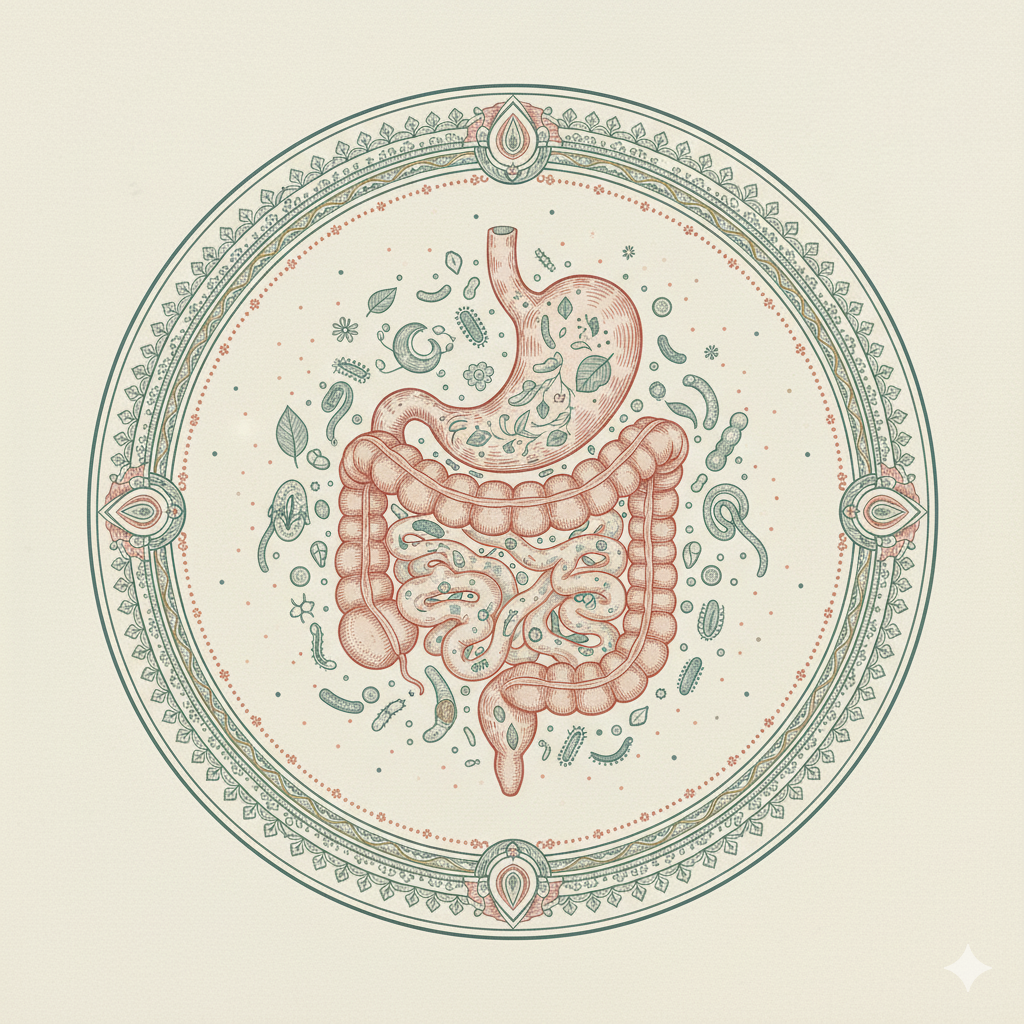 Illustration of human intestines and stomach with decorative border and small abstract shapes.
