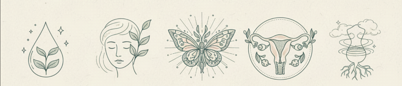 Line drawings of various nature-inspired symbols, including a droplet with leaves, a woman's face with leaves, a butterfly, a uterus with leaves, and a plant with roots.