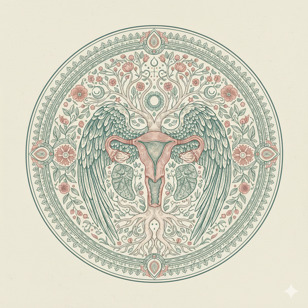 A symmetrical, intricate design featuring a womb at the center with wings extending outward, surrounded by floral elements, moon phases, and a circular decorative border.