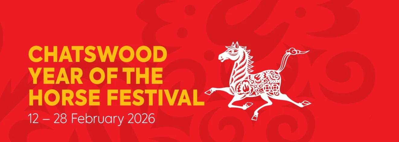Red banner with yellow text announcing Chatswood Year of the Horse Festival, February 12-28, 2026, featuring an illustrated white horse with intricate designs