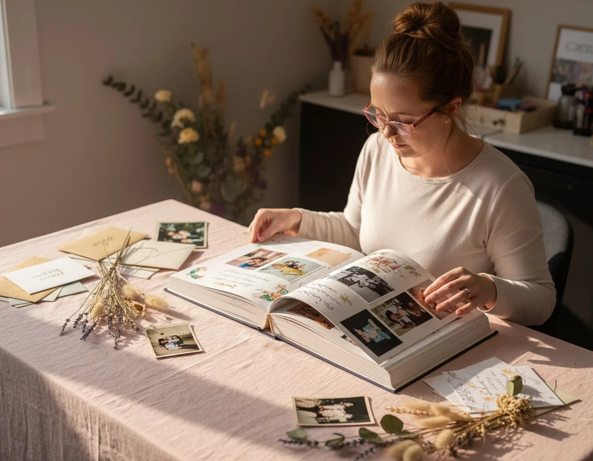 A woman wearing glasses and a beige long-sleeve shirt is sitting at a table, looking through a photo album. The table is decorated with dried flowers, and there are printed photographs and handwritten notes around it. In the background, there is a window, a vase with flowers, and a sideboard with framed pictures and decorative items.