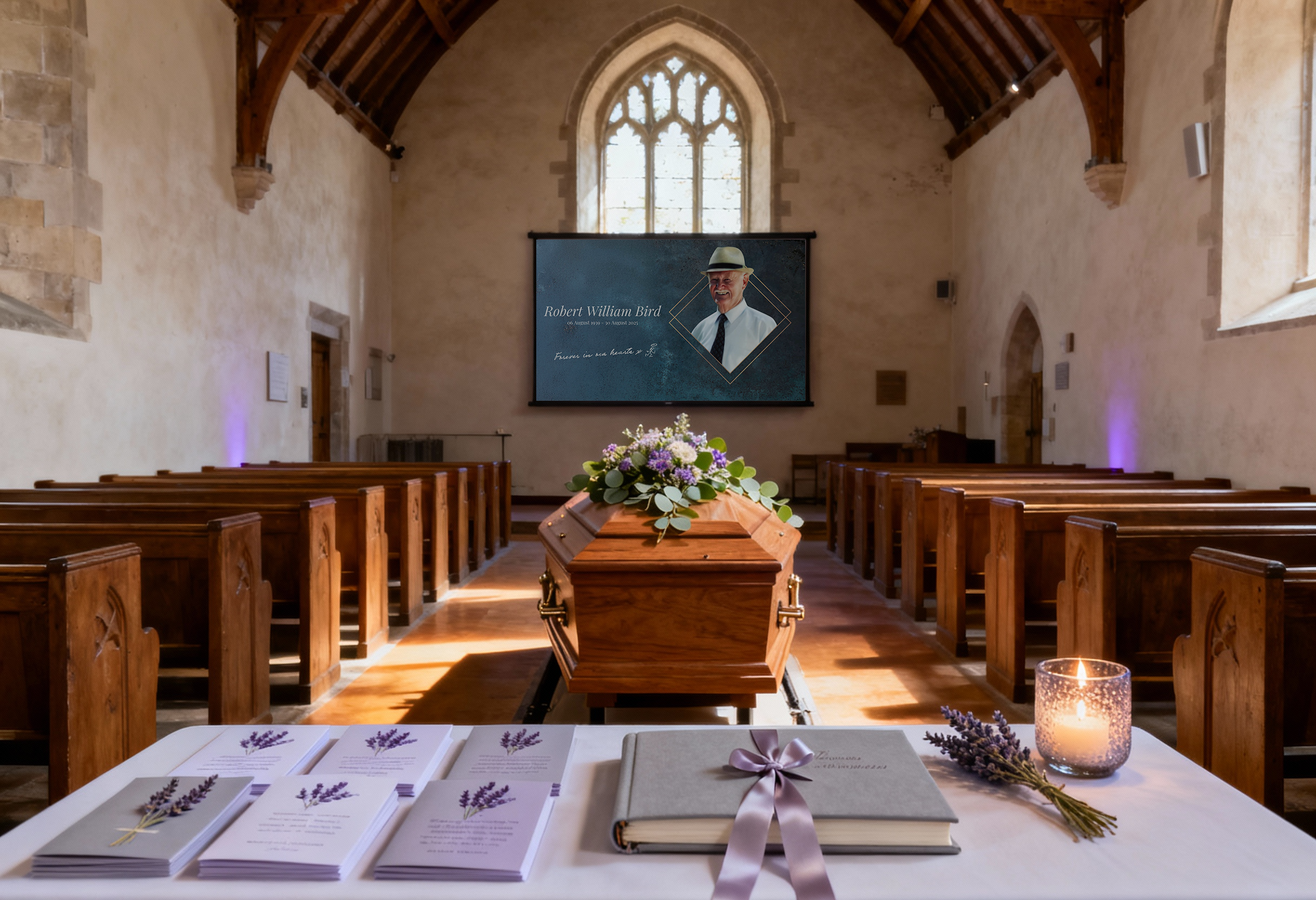 A large screen projection of a slideshow of memories infront of a coffin