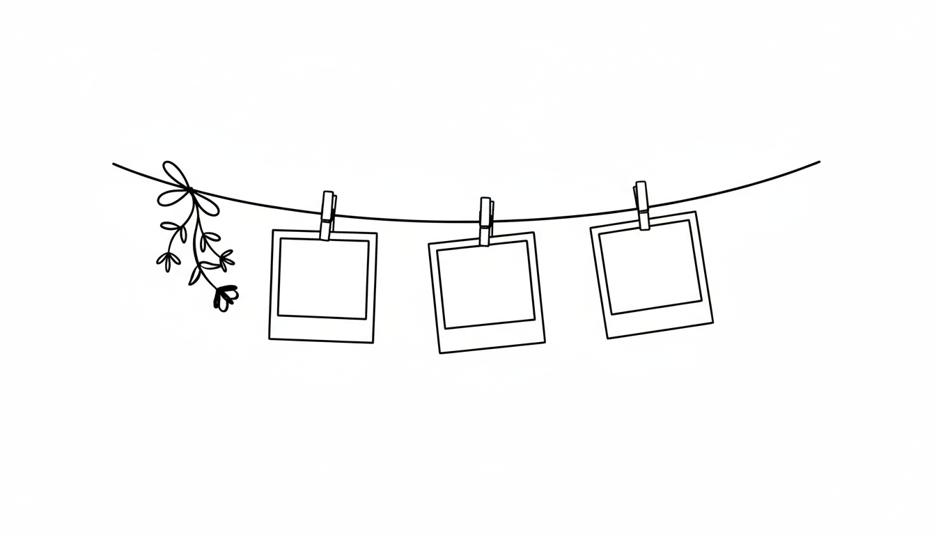Line with three empty hanging photo frames, a flower branch on the left, all in black and white line art style.