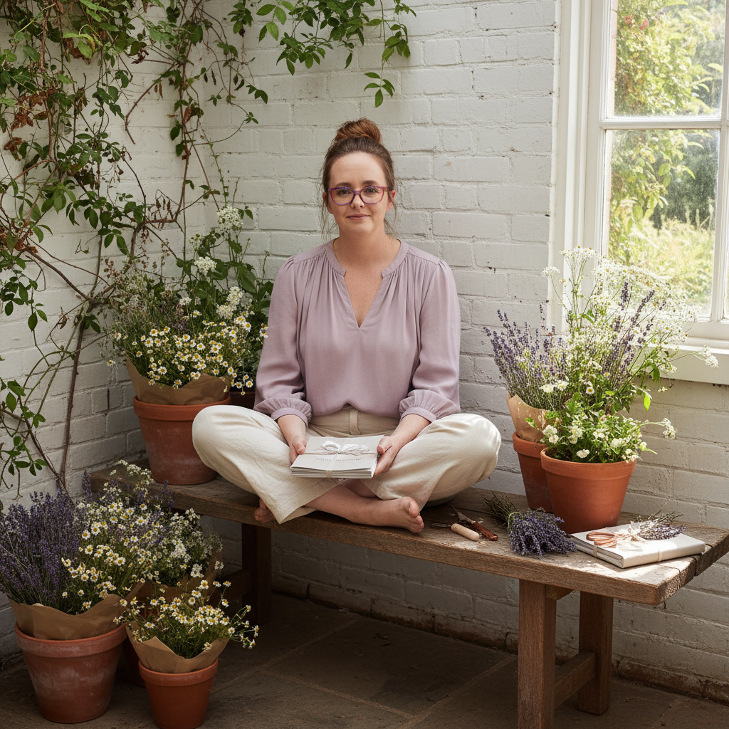 A woman with glasses and a bun hairstyle sitting cross-legged on a wooden bench, holding a small gift box, surrounded by potted flowers and plants in a bright room with white brick walls and a large window.