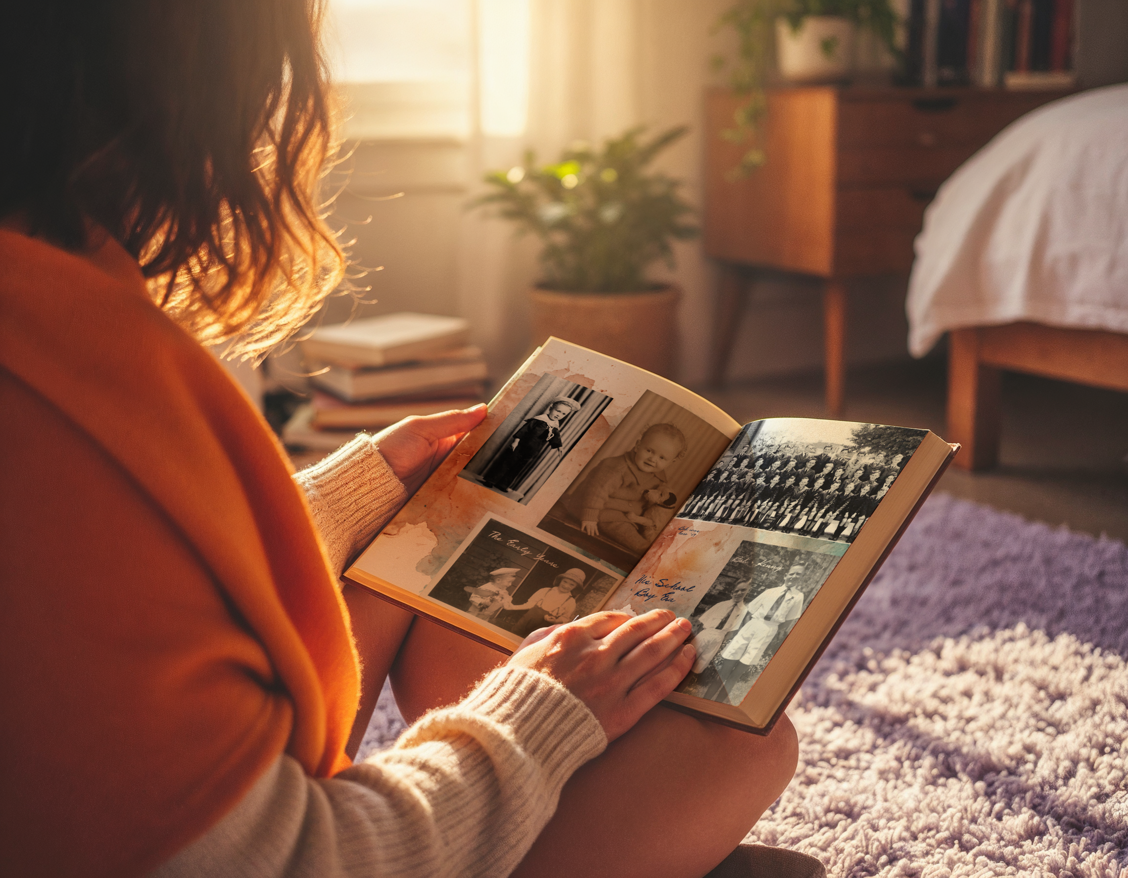 Person sitting on a fluffy purple rug, holding and looking at a scrapbook filled with black-and-white and color photographs of childhood and family moments, with warm sunlight streaming through a window in a cozy, well-decorated room.