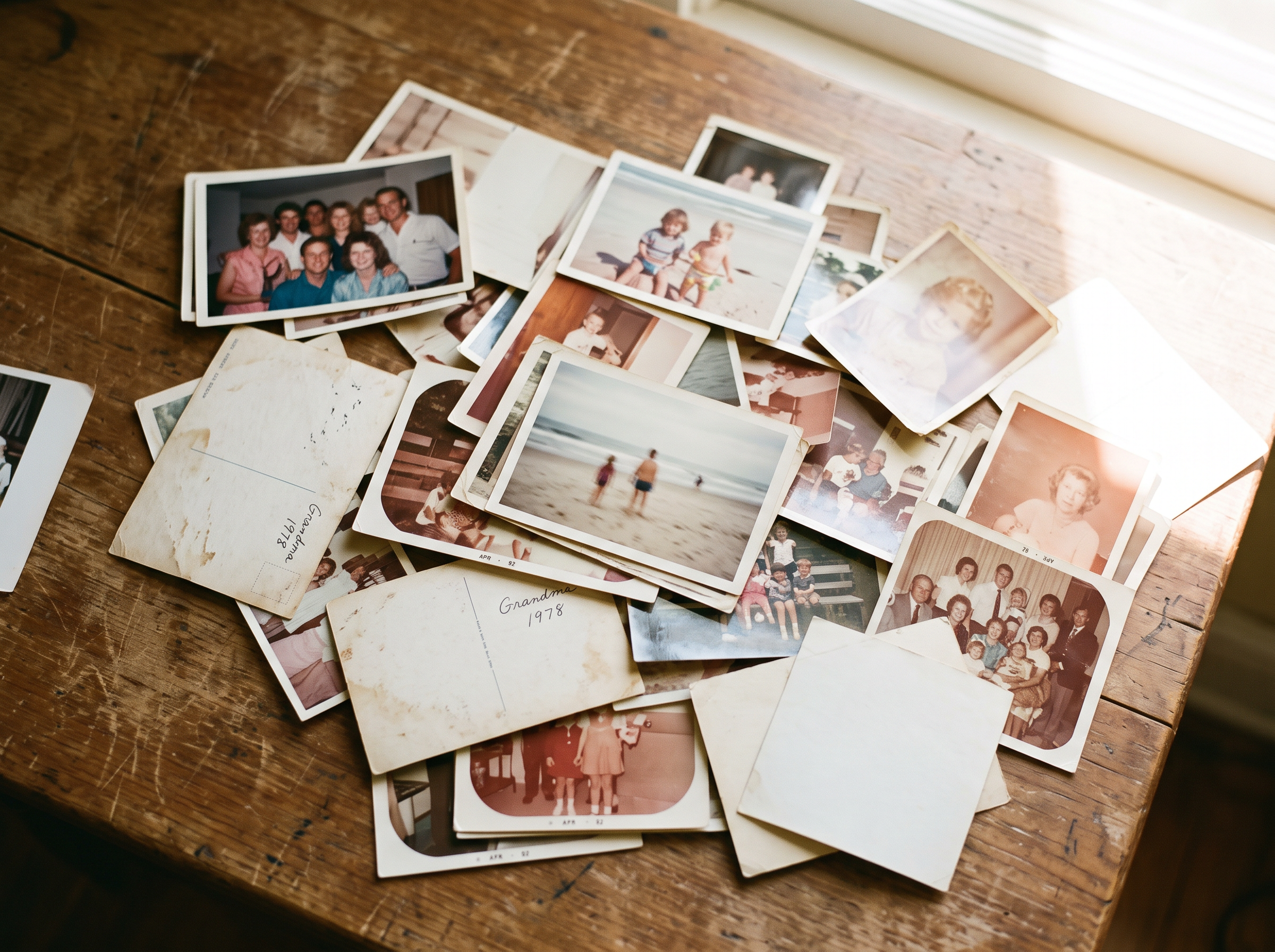 Old family photographs spread across a wooden table ready for funeral